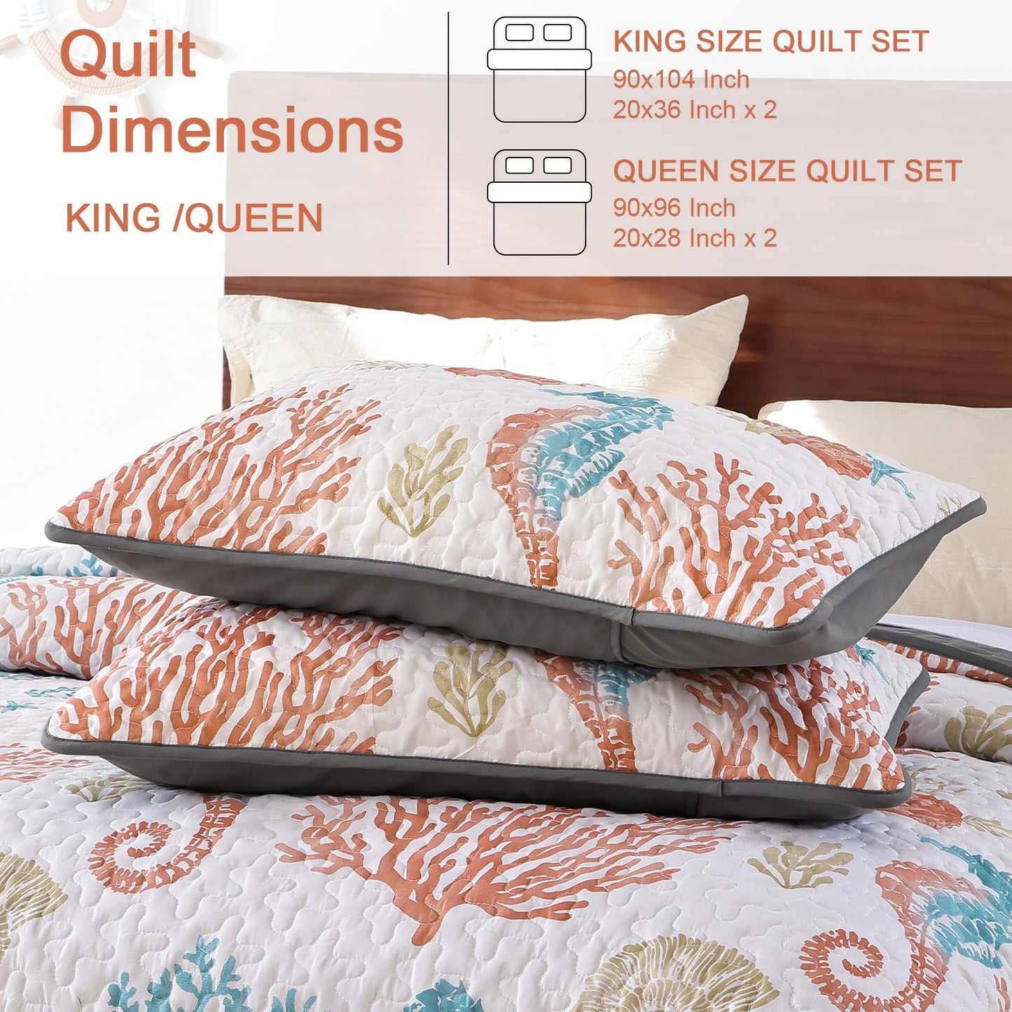 DJY Coastal King Size Quilt Set 3 Pcs, Ocean Beach Theme Bedding with Pillowcases, Summer Orange Reversible Microfiber Comforter Set Lightweight Nautical Bedspread Coverlet Set for All Season