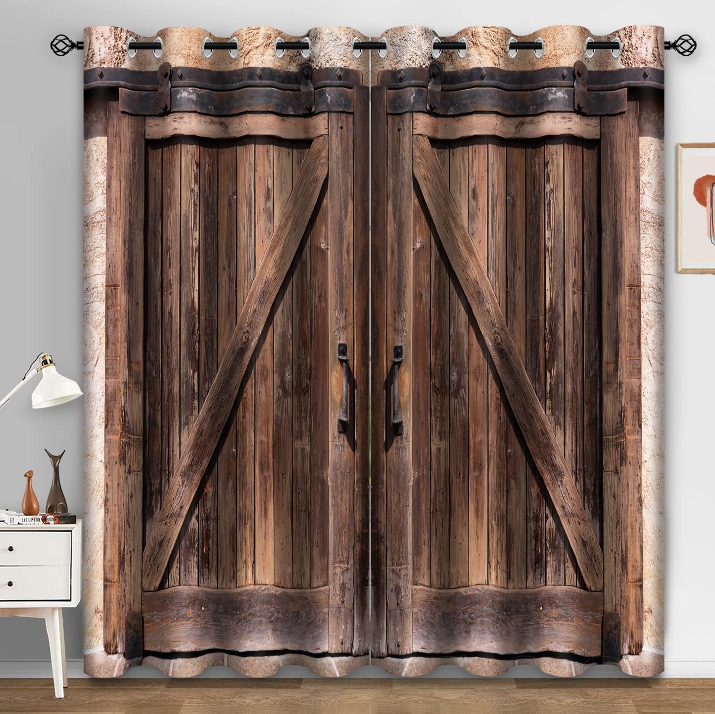 Aimego Rustic Barn Door Blackout Curtains - Room Darkening Curtains Farmhouse Wood Wooden Window Drapes Decor for Bedroom Living Room Grommet 2 Panel Set, 52"X63"
