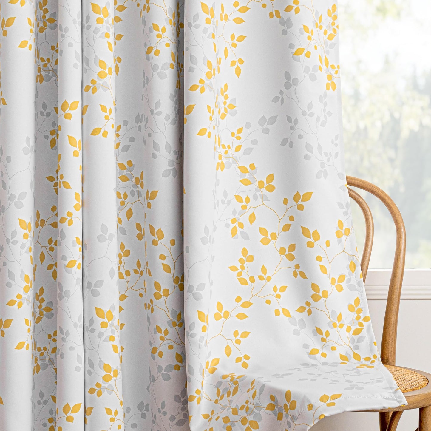 MEETSKY 95% Blackout Yellow Curtains 84 Inches Long 2 Panels Set - Leaves Printed Curtains for Living Room, Grommet Thermal Insulated Drapes, Light Blocking Window Curtain for Bedroom (52''W x 84" L)