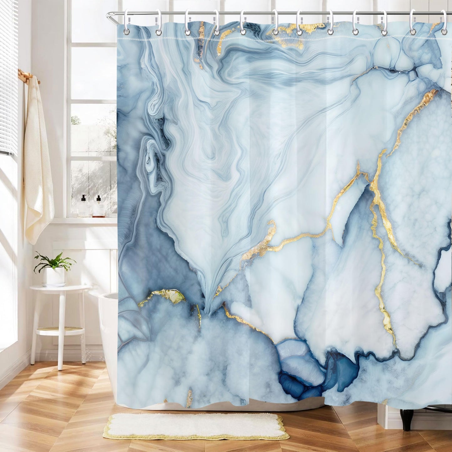 Mayormyth Blue Marble Shower Curtain Modern Abstract Shower Curtains for Bathroom Decor Luxury Ink Texture Shower Curtain Set with Hooks Polyester Waterproof Cloth Fabric with Hooks