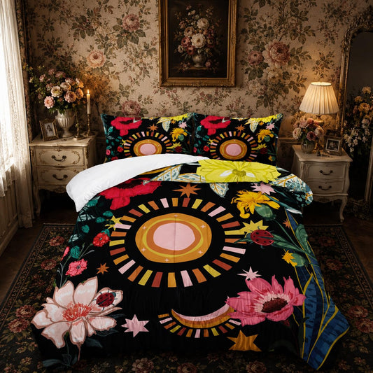Nttopship 3 Pieces Black Boho Floral Comforter Set,Paisley Bedding Set Full Size,Colorful Flower Leaves Printed on Black Design,All Season Lightweight Soft Microfiber Bedding with 2 Pillow Shams