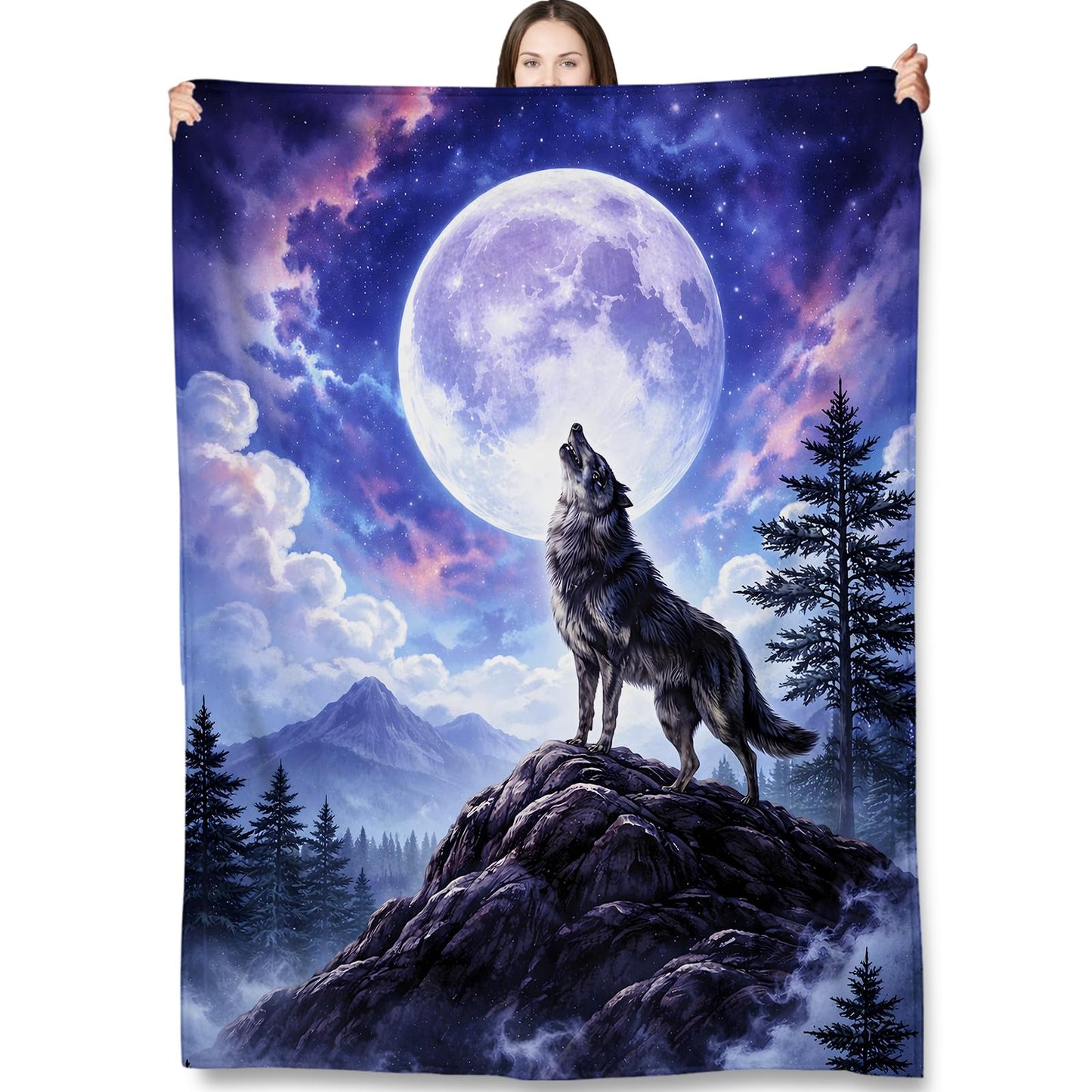 Turamurra Wolf Moon Throw Blanket Gifts for Kids Women, Howling Wolf Full Moon Night Forest Mountain Blankets for Home, Living Room, Bedroom Decor, Flannel Plush 50"x60"