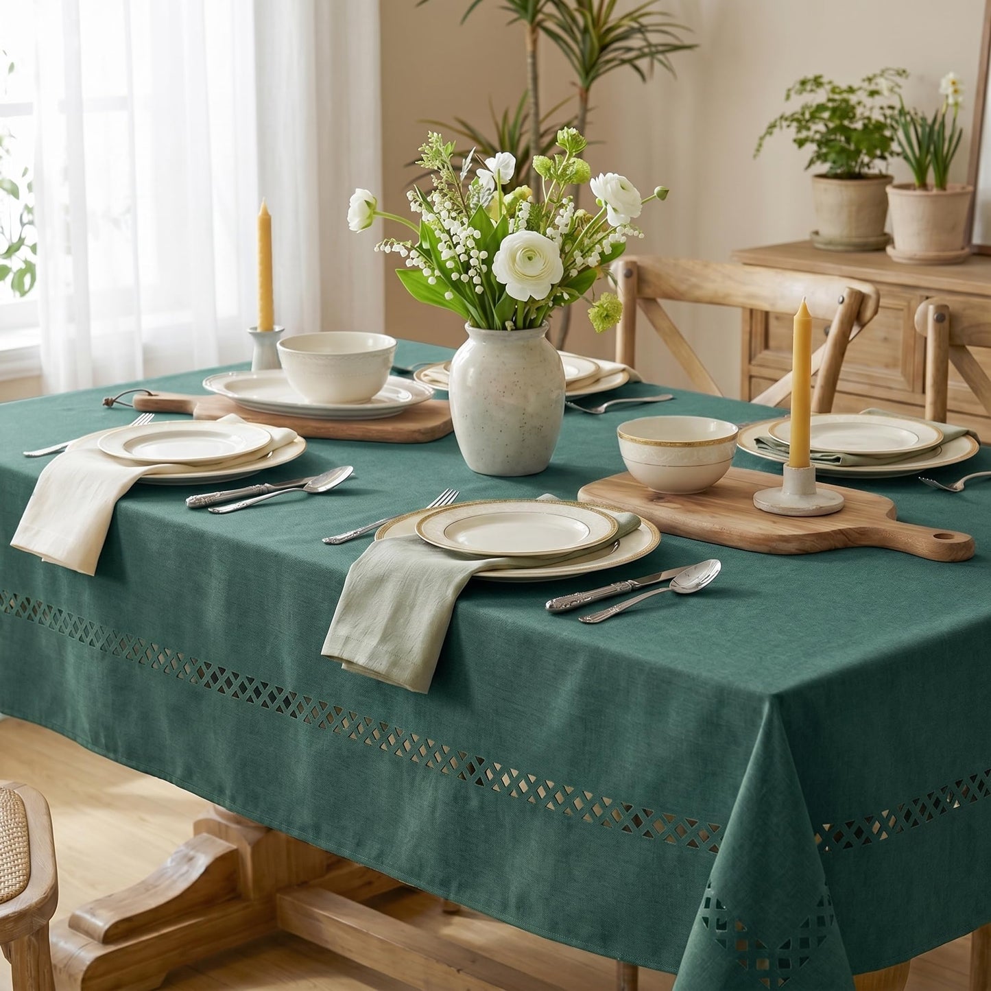 Horaldaily Green Farmhouse Style Tablecloth with Decorative Cutouts, 60×84 Inch Rectangular Polyester Table Cloth, Wrinkle Resistant Washable Table Cover for Dining Wedding and Outdoor
