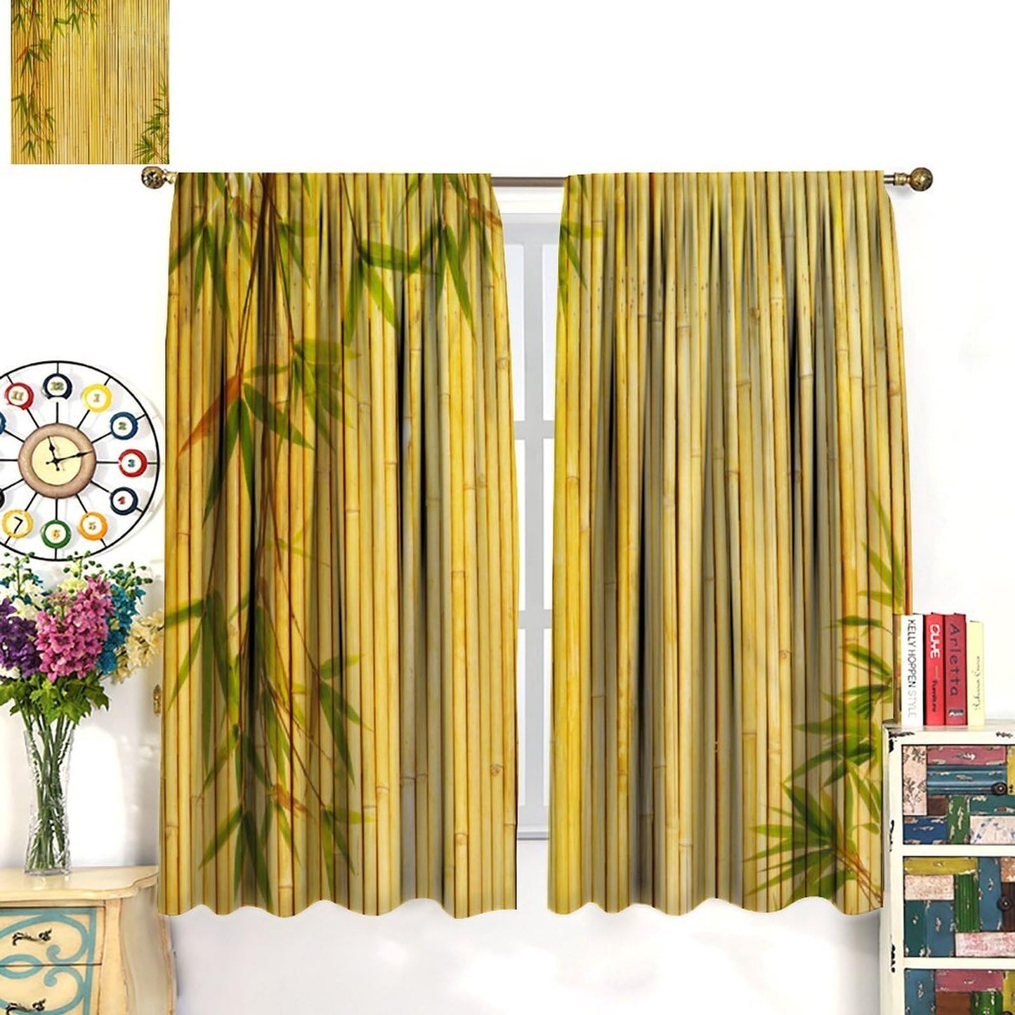TYVGICZ Bamboo Printed Curtains, Yellow Bamboo Tree Traditional Chinese Japanese Style Asian Calligraphy Style Culture Theme Window Treatments for Living Room Bedroom Drapes42x45 Inch