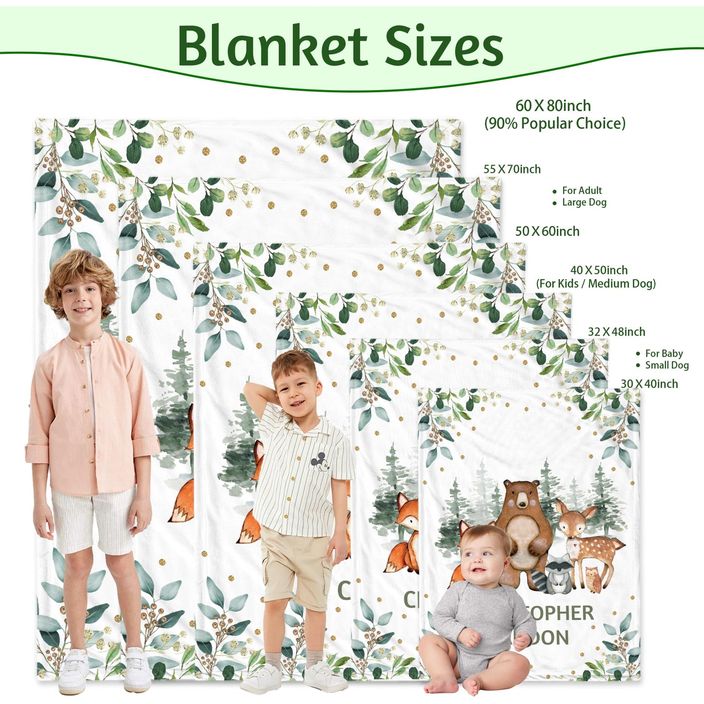 Personalized Baby Blanket with Name, Custom Woodland Kids Blankets for Boys, Customized Receiving Blankets for Boys Baby Shower Christmas Birthday Gifts, Soft Newborn Blanket