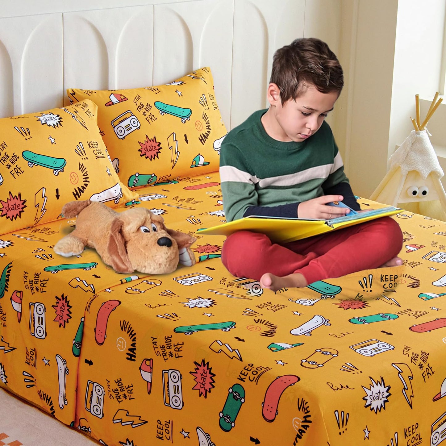 Homilay Full Sheet Set Kids - Skating 4 Pieces Soft Microfiber Cartoon Style Bedsheets for Boys Girls Teens, Oeko TEX Breathable 15 Inch Deep Pocket Sheets(Street)