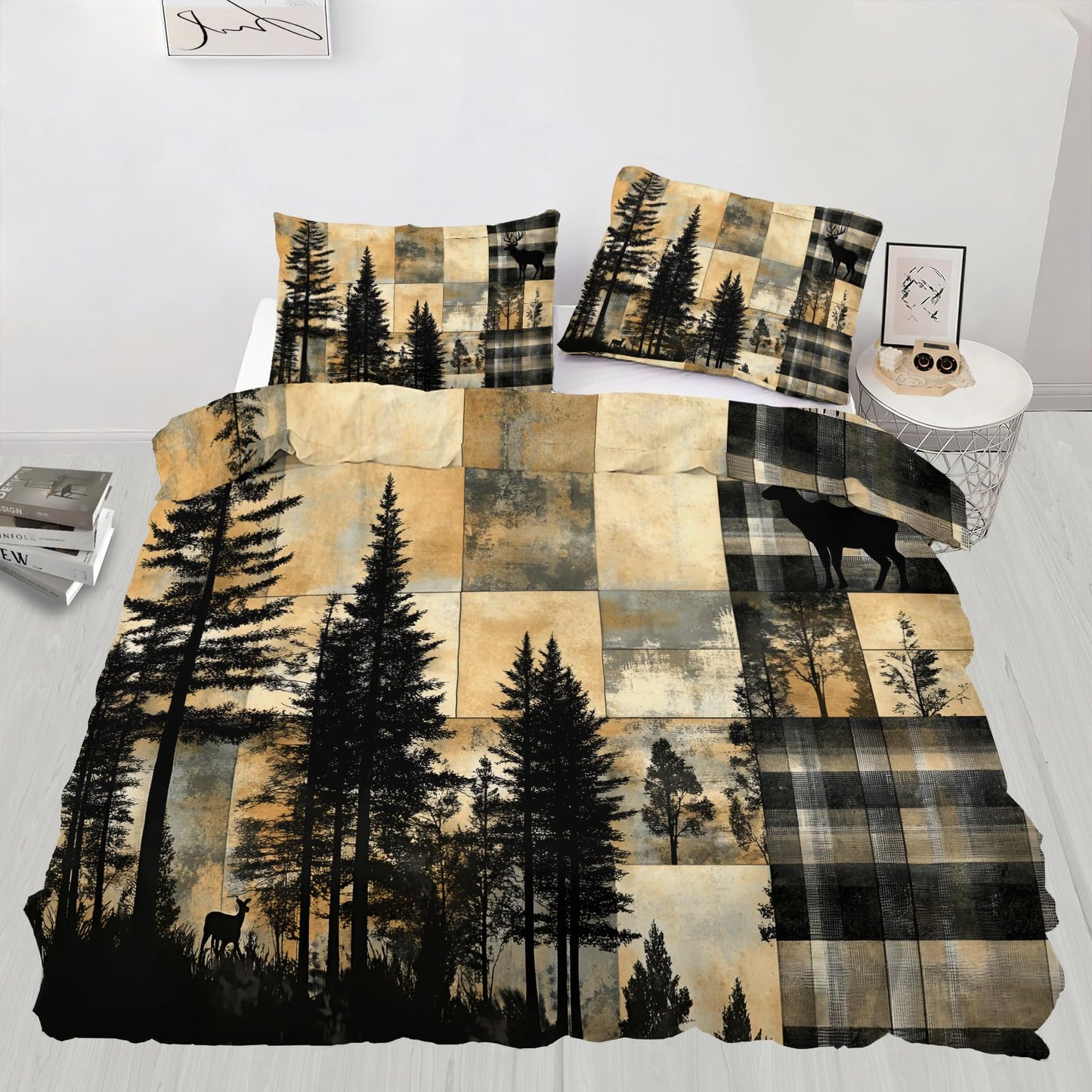 GKPLY Plaid Deer Forest Duvet Cover Queen - Rustic Wood Bedding Set & Bedroom Decor - Cabin Wildlife Comforter Set - Zipper & Ties, Reversible Print - Patchwork Bedding Duvet Cover & 2 Pillow Cases