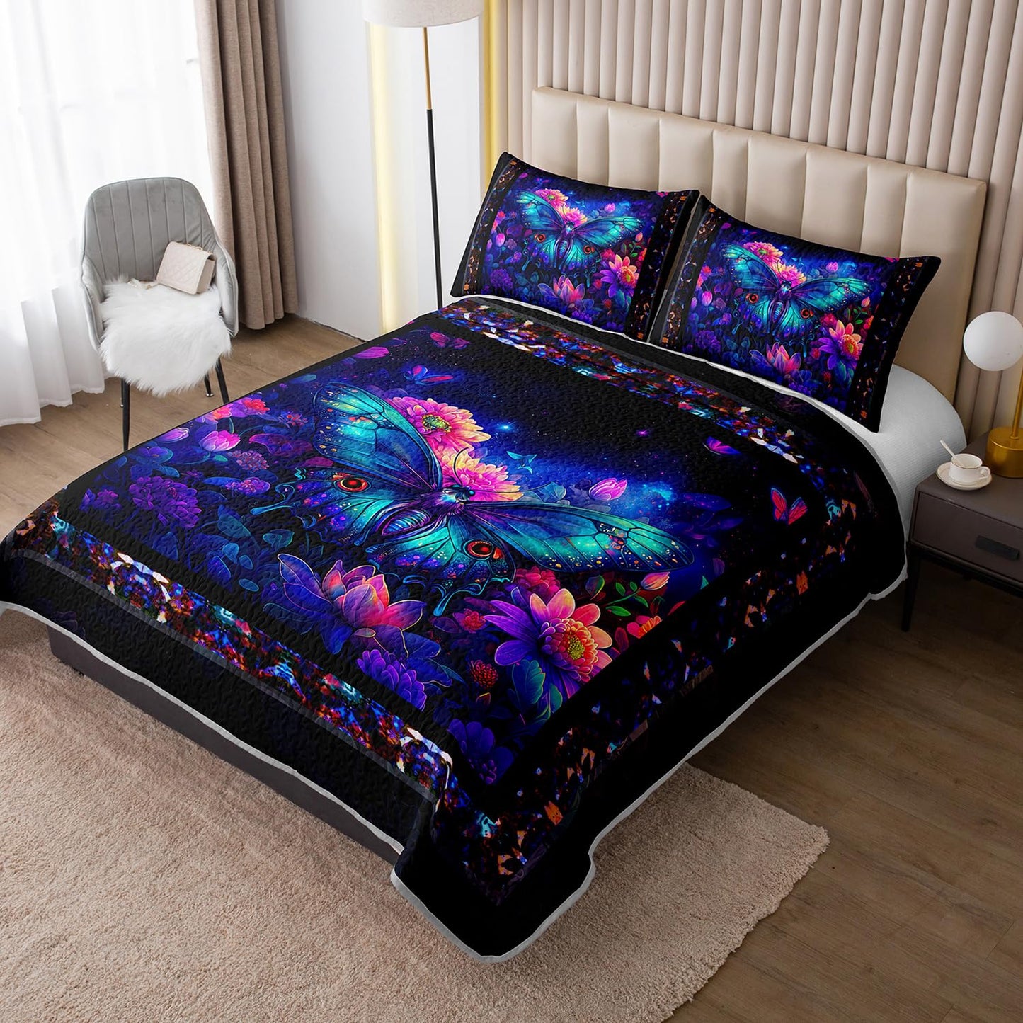UEVBF Fascinating Butterfly King Size Quilt Set,Dark Blue Floral Pattern Bedding Sets 3 Pieces with 2 Pillowcases,Lightweight Soft Boho Bedding for All Season.