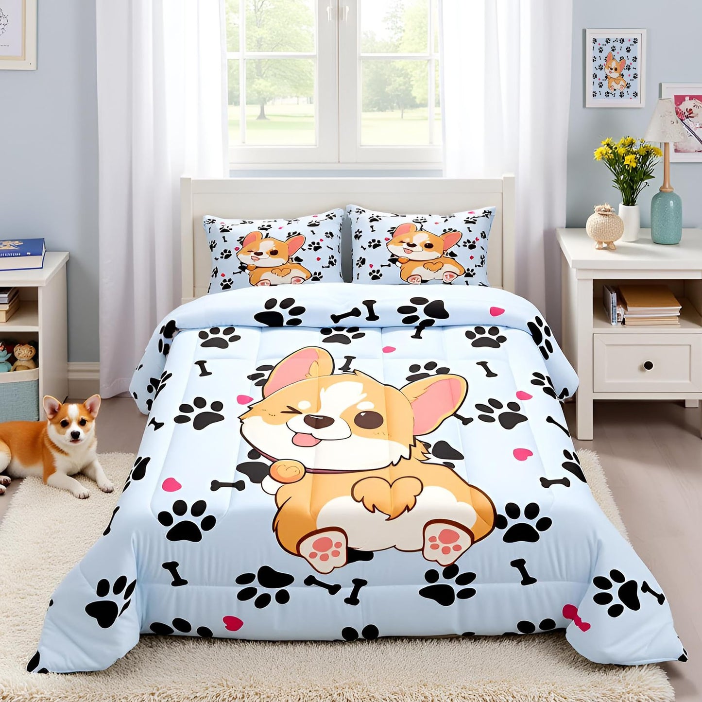 Castle Fairy Cute Corgi Comforter Set Twin Size,Cartoon Dog Footprint Bones Bedding 2pcs for Kids Boys Girls Room Decor,Smiling Doggy Quilt Family Paw Duvet Insert with 1 Pillowcase,Blue