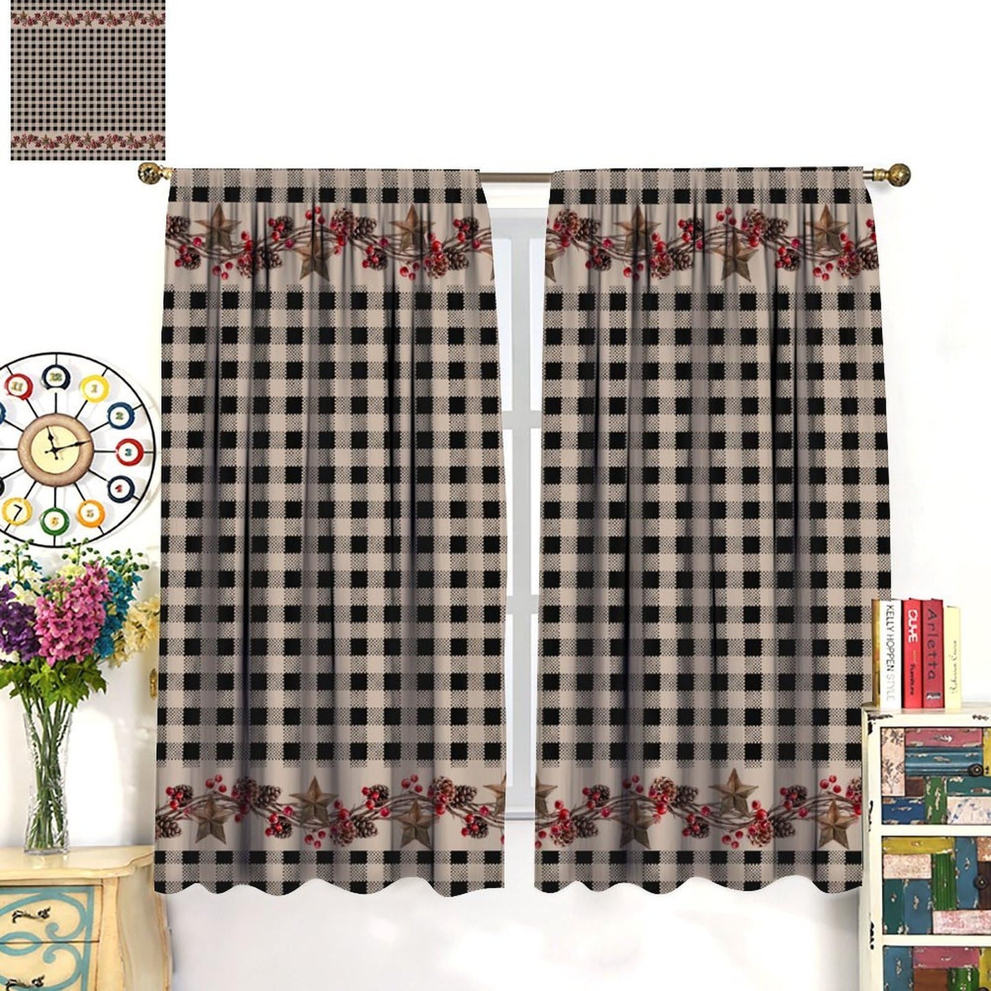 Nanacur Rustic Farmhouse Curtains, Vintage Country Black White Buffalo Plaid Pine Cone Berry Western Texas Print Window Treatments for Kitchen Bedroom Cafe, 42" W X 45" L