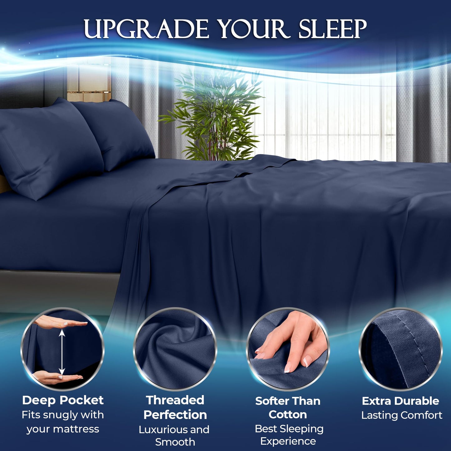 DECOLURE Cooling Sheets Full Set 4pcs - Luxurious & Ultra-Soft Full Size Cooling Sheets for Hot Sleepers - Comfortable Bamboo Viscose Microfiber Full Cooling Bed Sheets w/Deep Pockets (Navy)