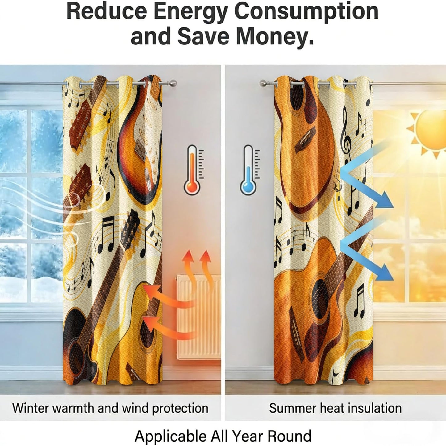 MBVZGUK Vintage Guitar Music Note Curtains 96 Inch Long 2 Panels, Classical Acoustic Electric Guitar Pattern Window Drapes, Thermal Insulated Blackout Curtains for Music Studio