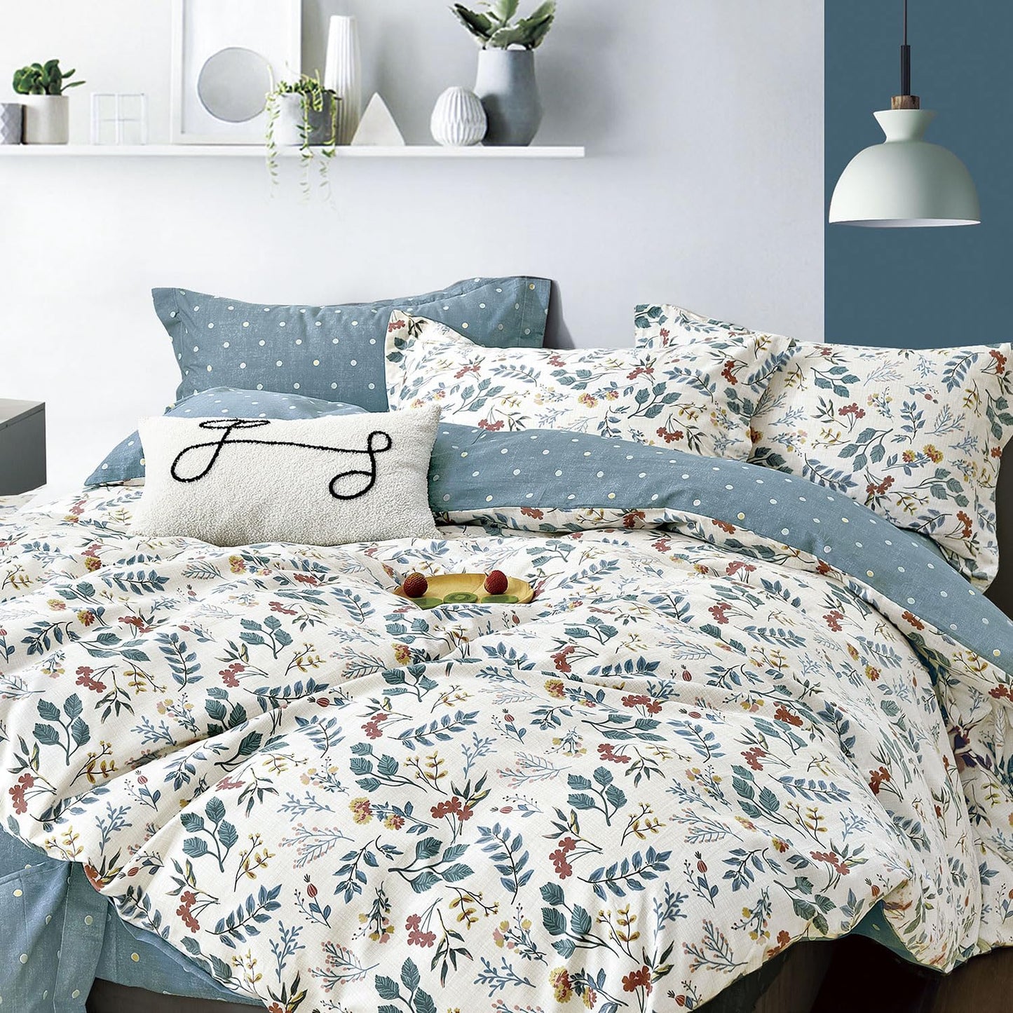 LEMIROE Botanical Cotton Comforter Queen Size - Lake Green Comforter with Dusky Blue & Warm Rust Leaves on Ivory,Reversible Lightweight Bedding Sets 3Pcs(Polka Dot)