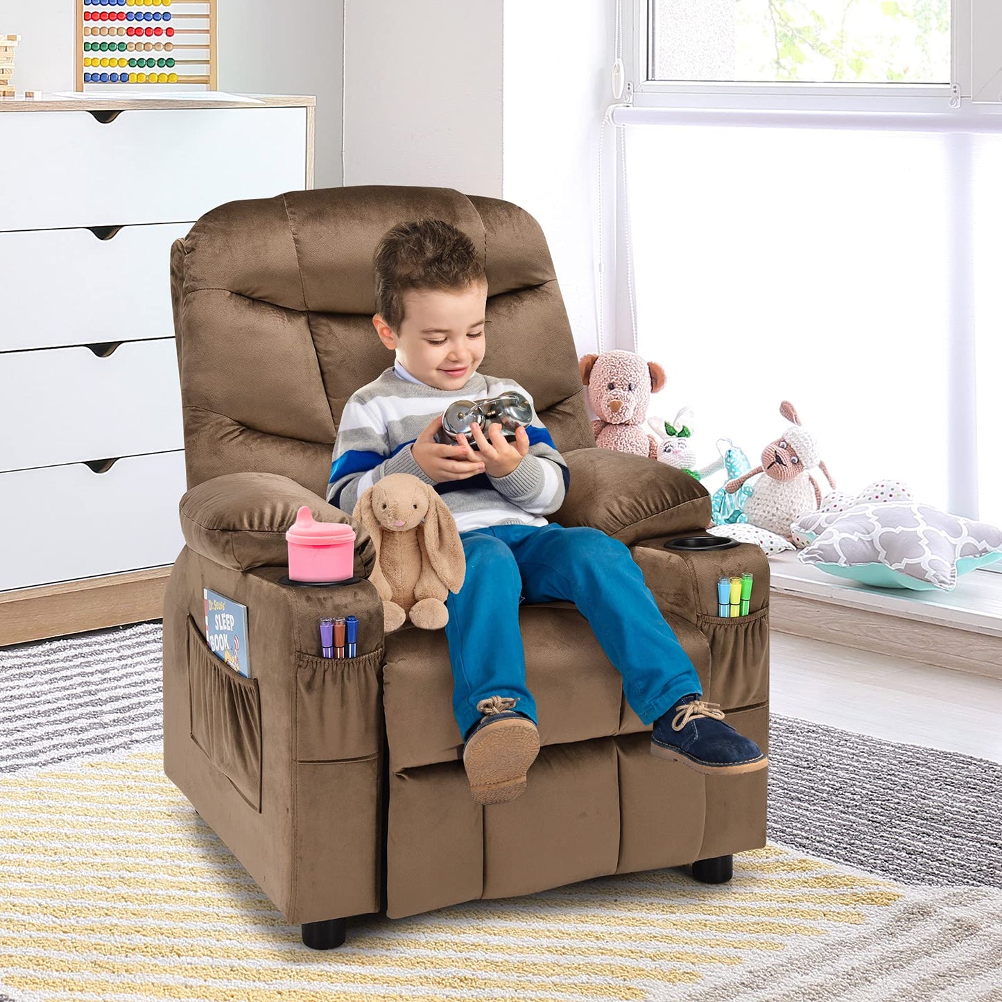 CHEFJOY Kids Recliner, Kids Recliner Chair w/ 2 Cup Holders, Velvet Fabric Chairs Comfy w/Adjustable Backrest & 3 Pockets, Toddler Furniture Sofa for Boys Girls Aged 3+