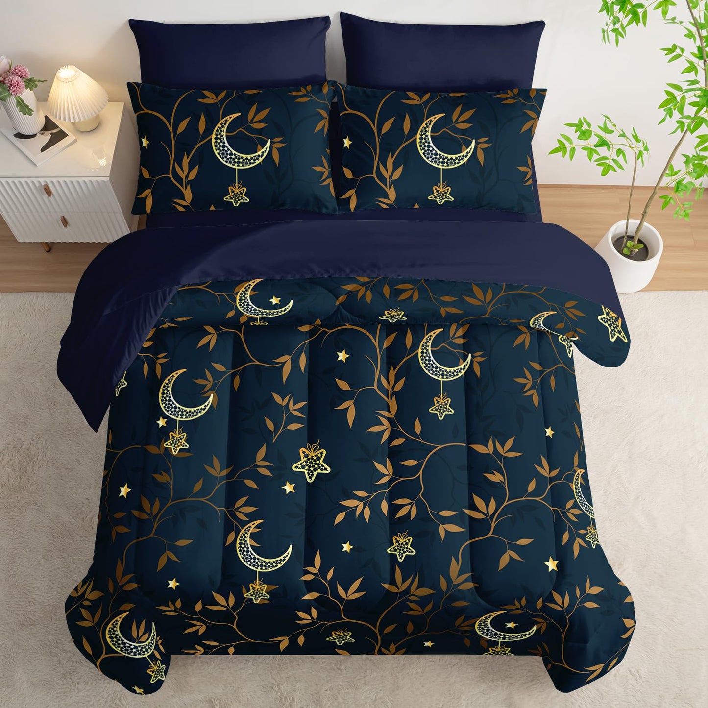AILONEN Moon Comforter Set Full Size,7-Piece Navy Blue Gold Star Leaves Print Bedding Boho Bed in a Bag for Room Decor All Season Comforter & Fitted/Flat Sheet & 2 Pillowcases & 2 Shams