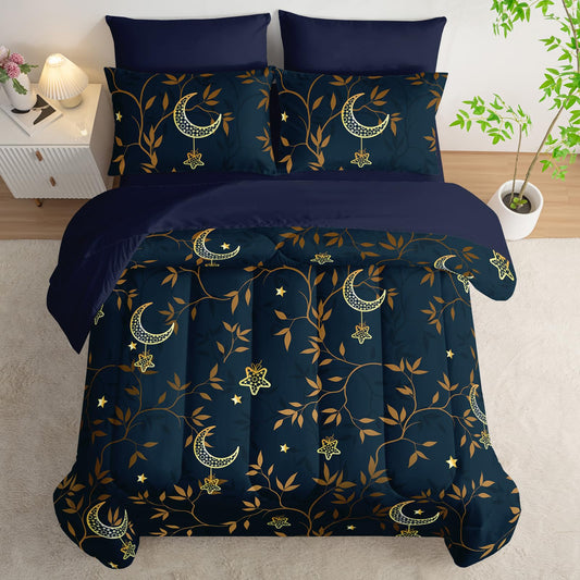 AILONEN Moon Comforter Set Full Size,7-Piece Navy Blue Gold Star Leaves Print Bedding Boho Bed in a Bag for Room Decor All Season Comforter & Fitted/Flat Sheet & 2 Pillowcases & 2 Shams