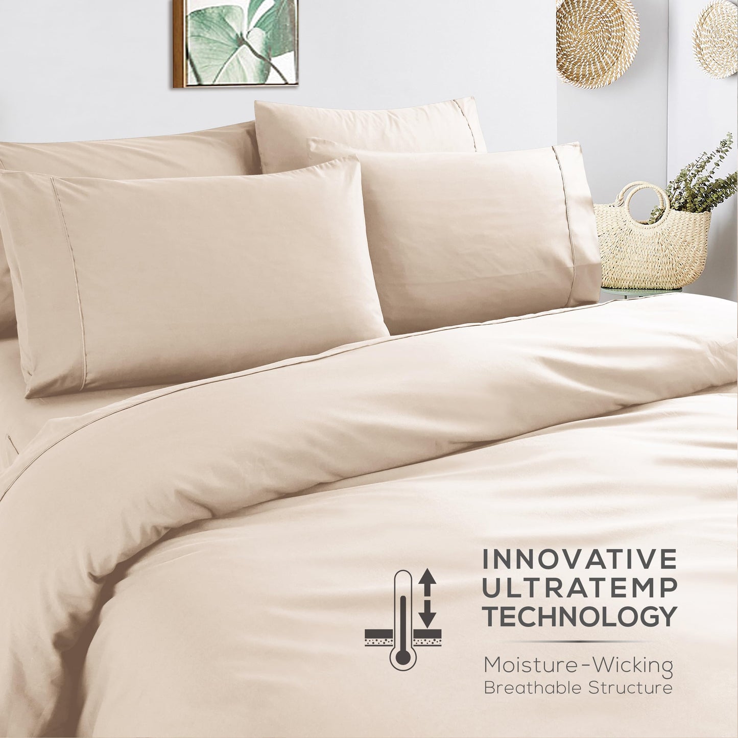 Mueller UltraTemp King Size Sheets Set – 6 Piece Premium Bedding, Silky Soft, Cooling, Deep Pocket up to 16", Breathable Heat Transfer, Wrinkle-Resistant & Hypoallergenic, Cream