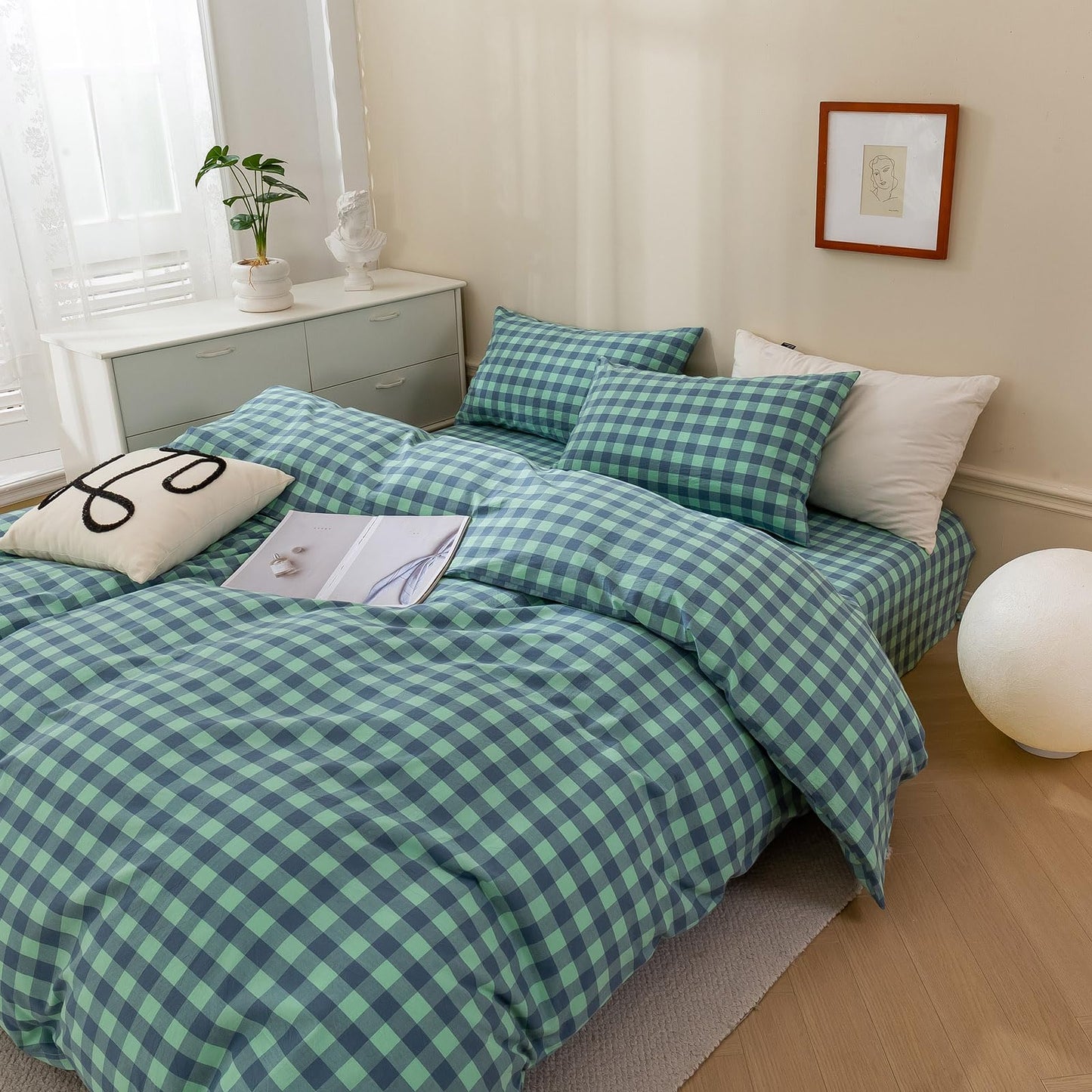 VM VOUGEMARKET Green Plaid Bedding Set Queen 3 Pieces Denim Blue Checkered Duvet Cover with Zipper Ties 2 Pillowcases 100% Washed Cotton Luxury Soft Breathable Durable