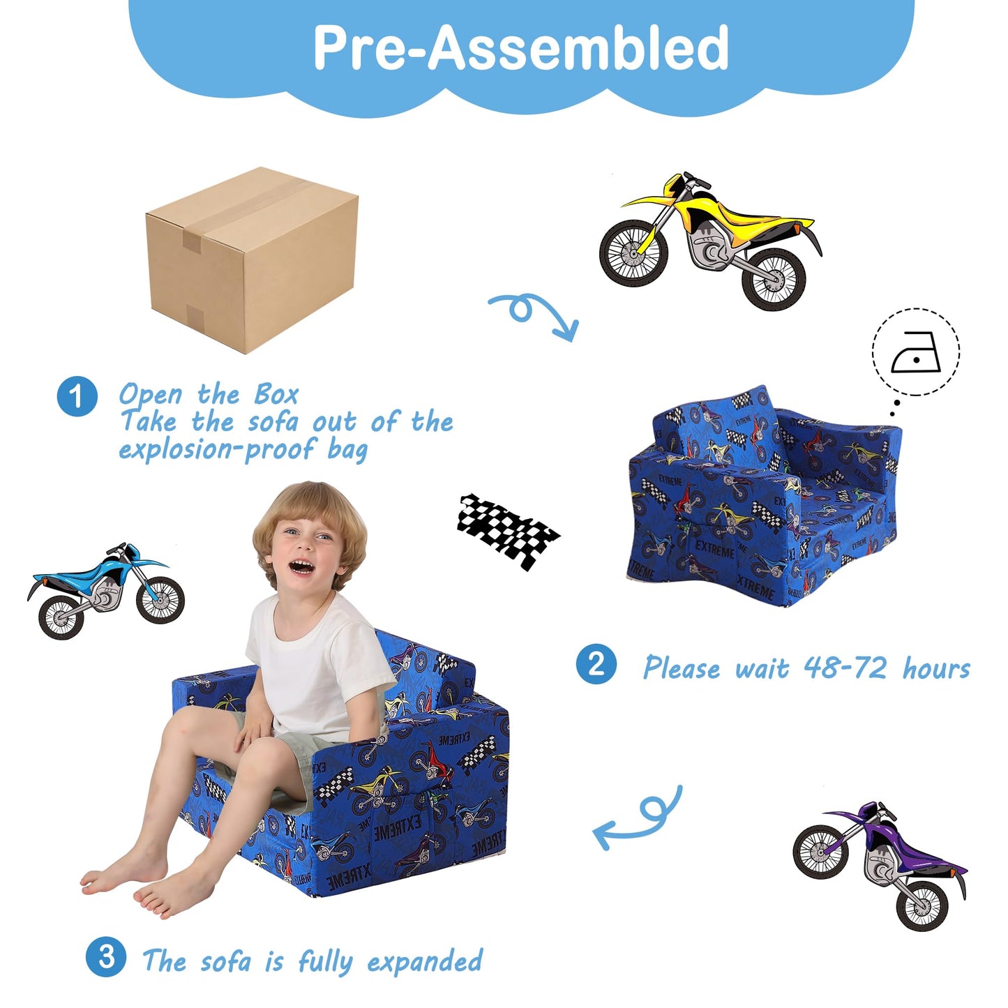 lasoftan Toddler Couch, 2-in-1 Soft Kids Couch Bed Fold Out, Toddler Chairs Comfy for Boys & Girls, Convertible Kids Sofa to Lounge for Playroom, Gift for Birthday, Children's Day - Blue Motorcycle