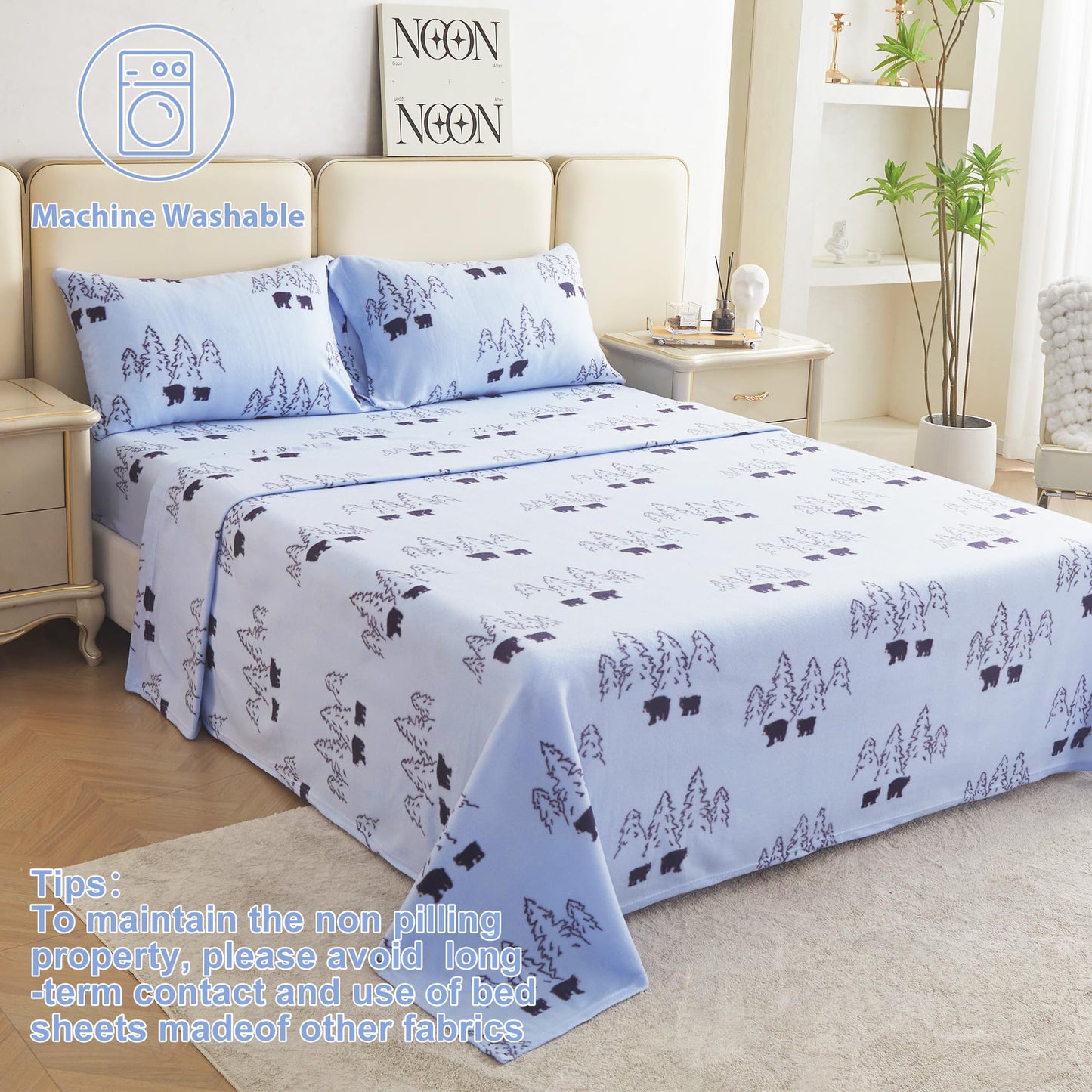 Softan Fleece Sheets Full Size, Flannel Like Soft, Velvet Polar Microfleece Sheets for Winter, Blue Bear