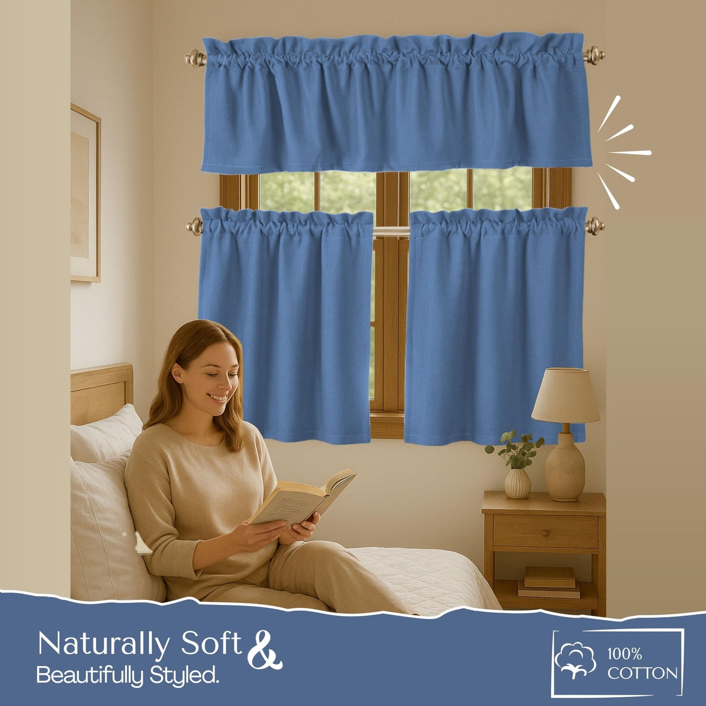 Native Fab 3 Piece Window Curtain Tiers 26"x36" and Valance 54"x18" Set - Rod Pocket - Semi Sheer - Short Curtain for Kitchen, Cafe, Living Room - Sky Blue