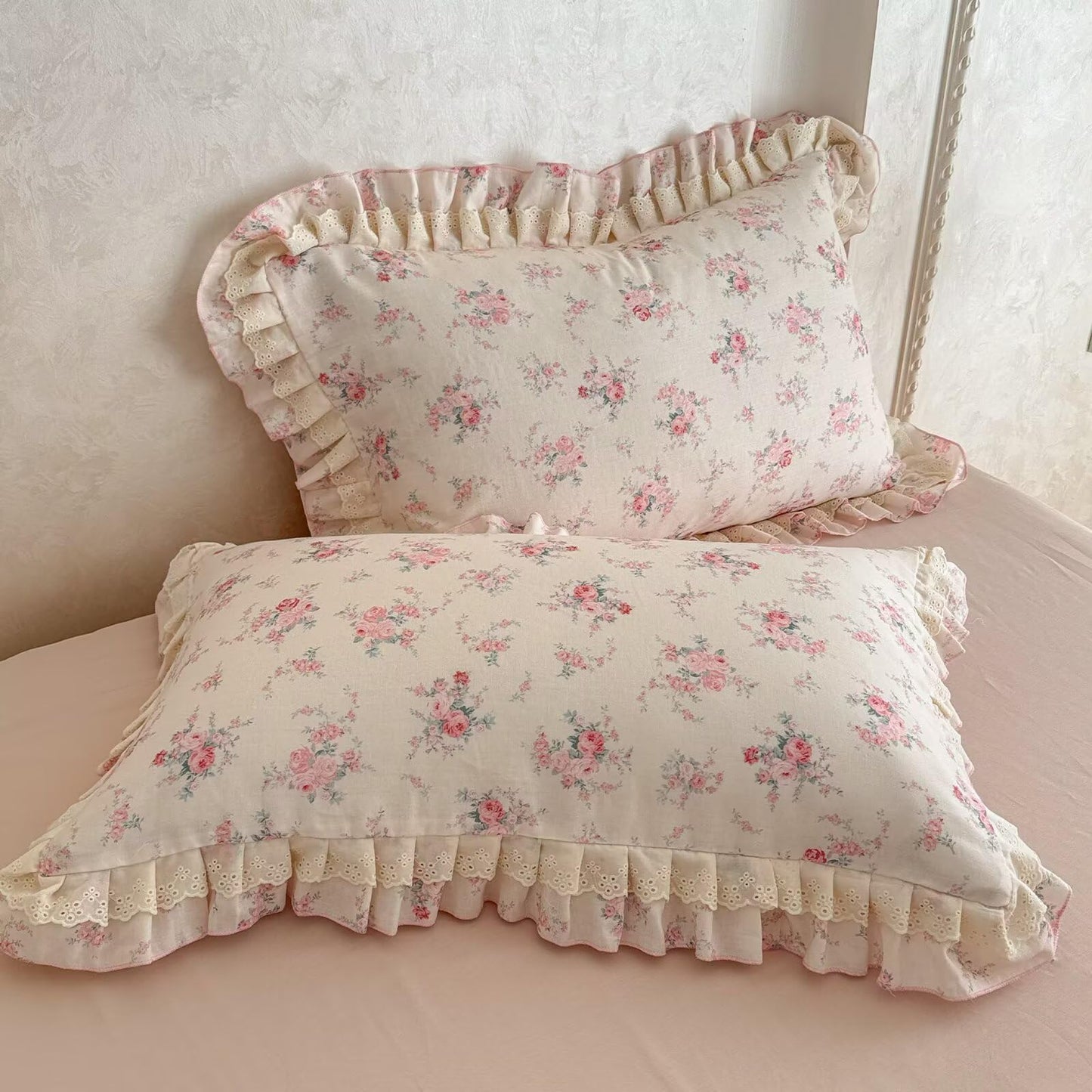 BuLuTu Pink Floral Duvet Cover Set Queen Size for Kids Teens Girls, Princess Lace Ruffled Quilt Cover Chic Aesthetic Comforter Cover with Zipper, 100% Cotton Muslin Bedding Set