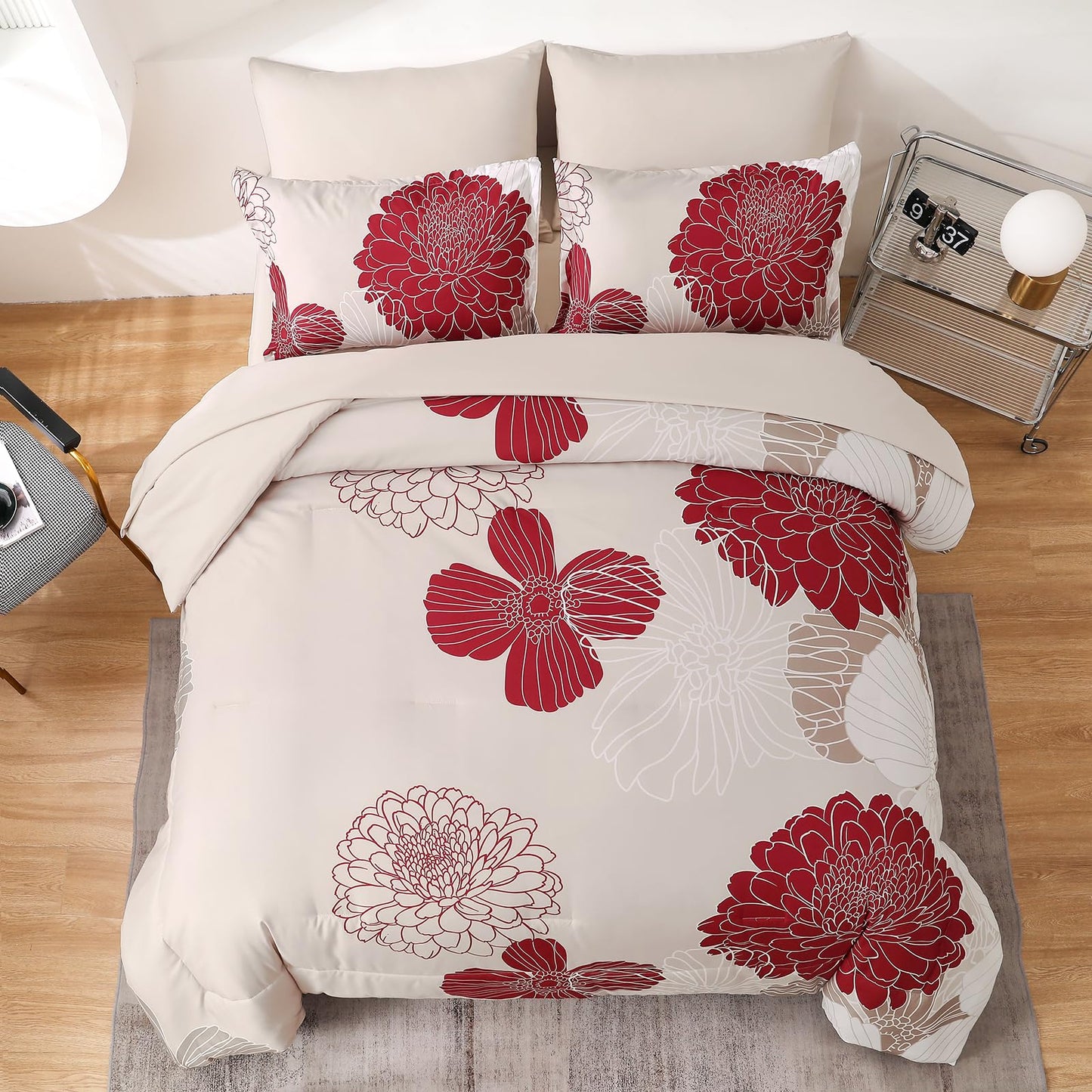 Yiran 7 Pieces Queen Comforter Set Red Floral Bed in a Bag Soft Microfiber Bedding Set 90"×90"(1 Comforter 1 Flat Sheet 1 Fitted Sheet 2 Pillowshams 2 Pillowcases)