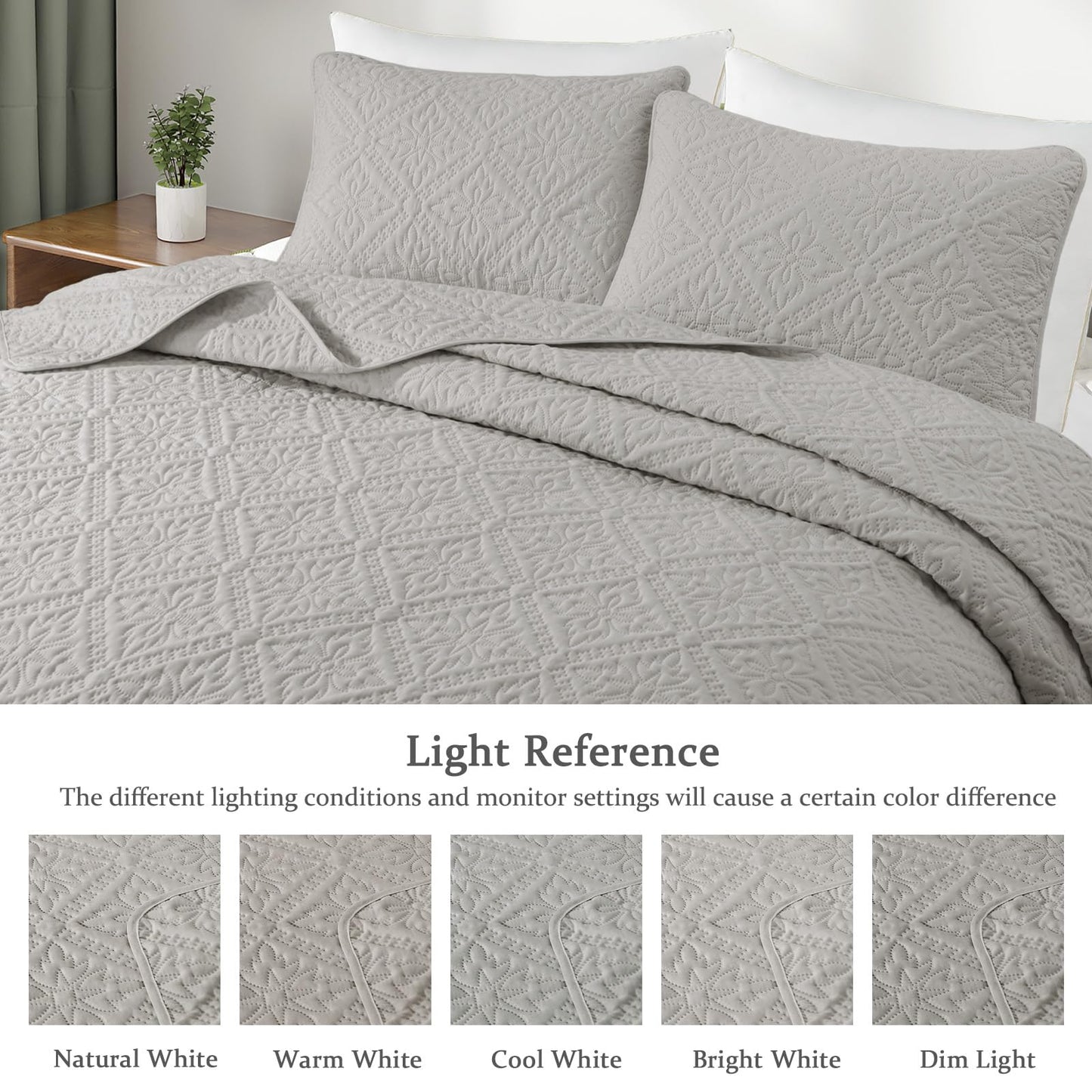 Exclusivo Mezcla King Quilt Bedding Set, Lightweight Soft Bedspreads Coverlets with 2 Pillow Shams, Modern Light Grey Oversized Quilts King Size for All Seasons