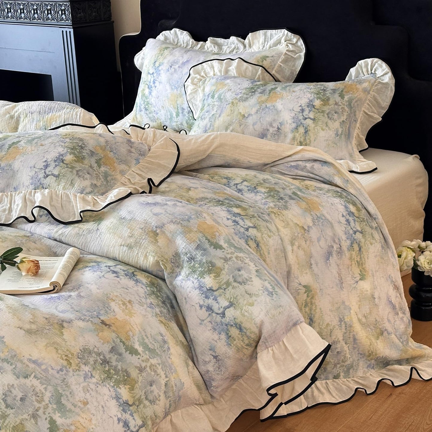 VM VOUGEMARKET Romantic Ruffle Duvet Cover Queen Breathable Muslin Cotton Wash Painting Style Duvet Cover Soft Linen Like Gauze Bedding Set-Queen Size