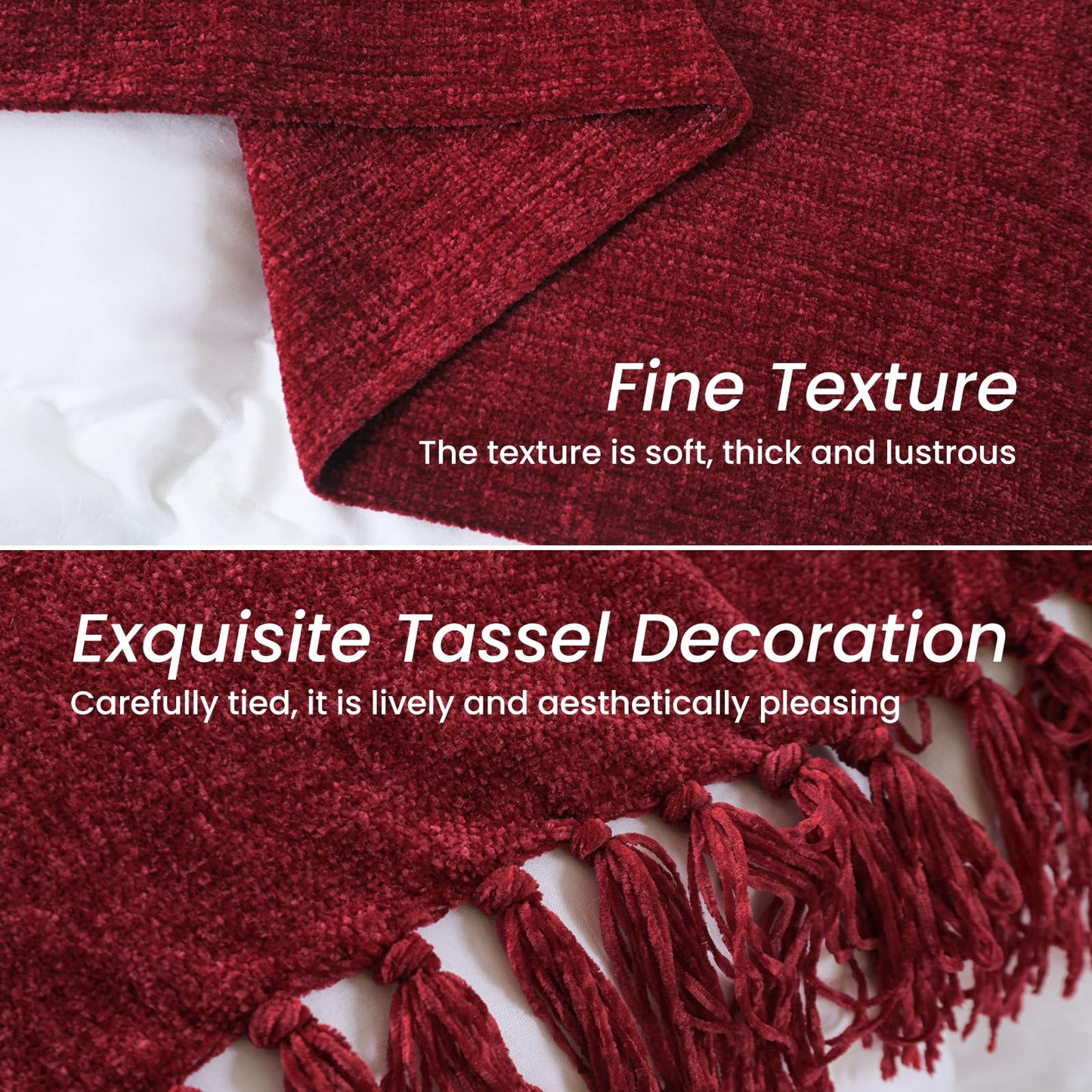 Yoenillo Burgundy Red Chenille Throw Blanket for Couch Bed，Soft Cozy Throw Blanket with Handmade Fringe, Decorative Blanket for Sofa Chair Living Room for Gift, (Burgundy Red)