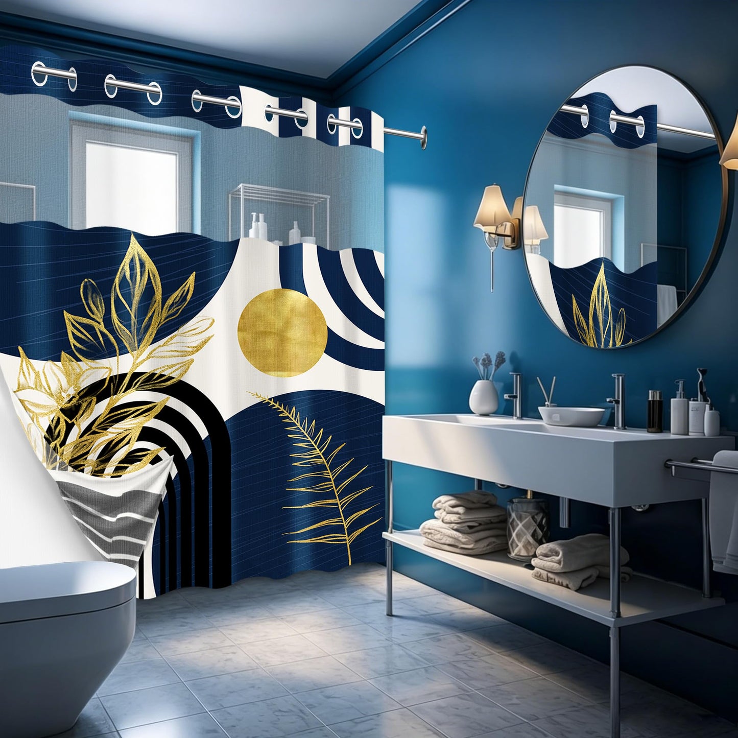 Yieldeer Navy Blue Hookless Shower Curtain, Snap-in Liner,71" W x 74" L