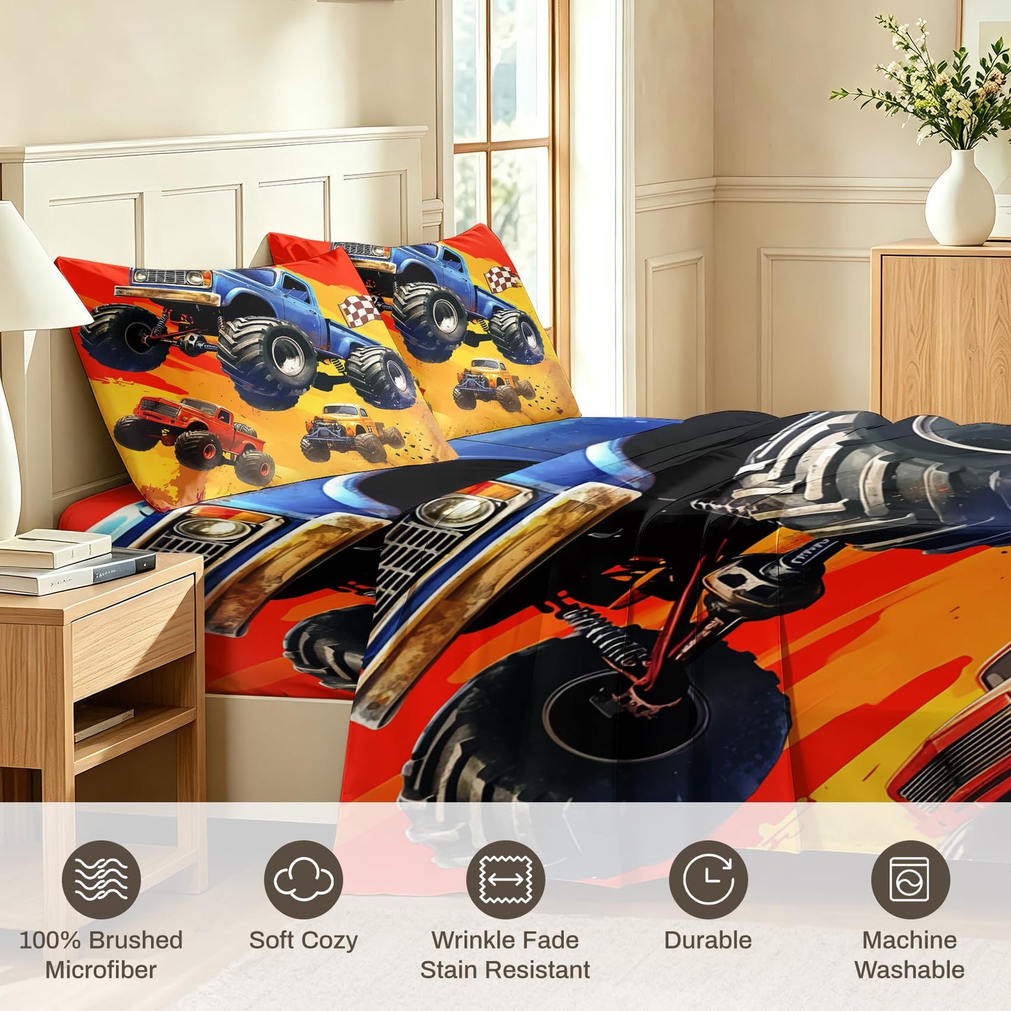 Monster Truck Bedding Set 4 Pcs Boys Queen Sheets, Blue
