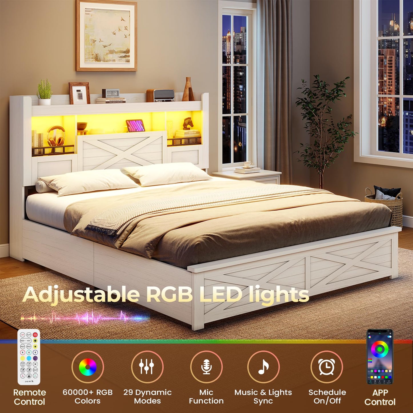 VIAGDO Farmhouse Full Size Bed Frame with Flip-Down Bookcase Storage Headboard and 4 Drawers, Rustic Wood Platform Bed Frame Full Size with Charging Station and LED Lights, No Box Spring Needed, White