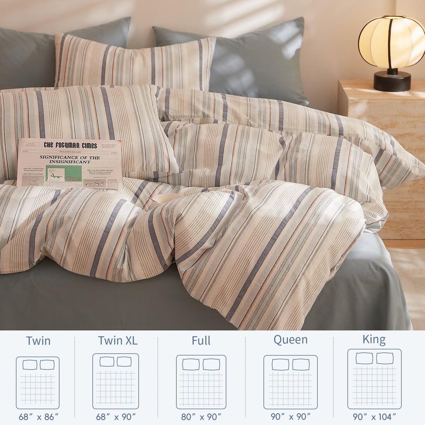 AMZTOP Soft 100 Cotton King Size Duvet Cover Set 3 Pcs,1 Duvet Cover and 2 Pillowcases,Chic Simple Blue Striped Design Bed Set,Zipper Closure Comforter Covers King Size 104"×90"