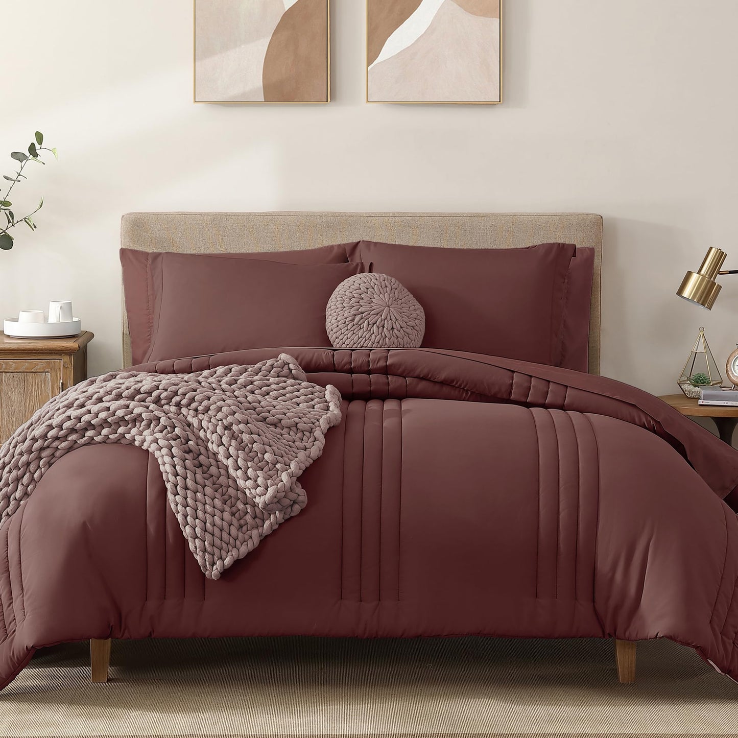 Monbix Queen Comforter Set - 7 Pieces Dark Red Bed in a Bag Queen Bedding Sets with Comforters, All Seasons Comforter Bed Set with Sheets, Pillowcases & Shams