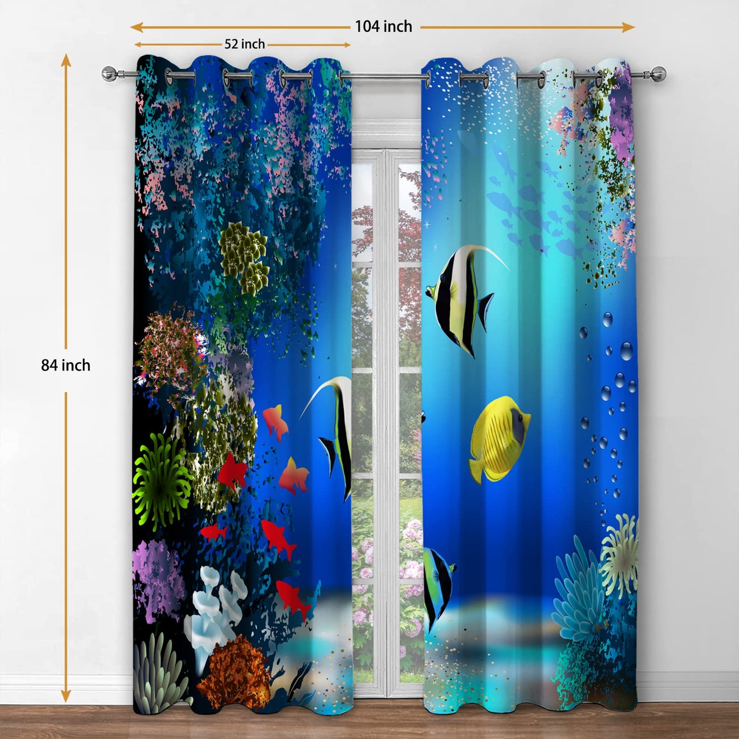 Jekeno Ocean Fish Blackout Curtains Underwater Coral Fish Decor Home Bedroom Living Room Darkening Grommet Window Drapes 2 Panel Set, 52"x84"