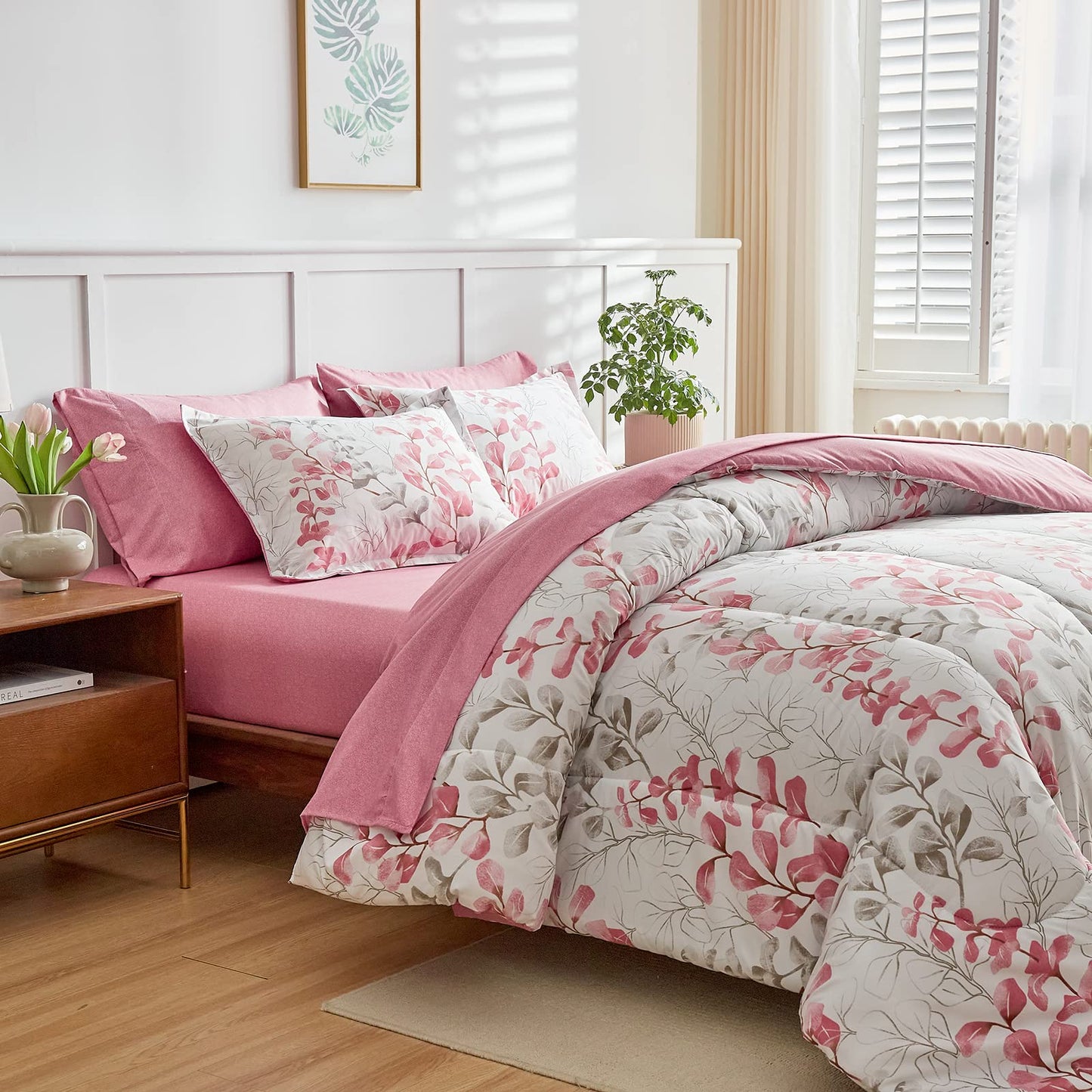 Pink Floral Comforter Sheet Set Bed in a Bag 7 Pieces Queen Size Pink Gray Flower Leaves Bedding Set (1 Comforter 2 Pillow Shams 1 Flat Sheet 1 Fitted Sheet 2 Pillowcases)