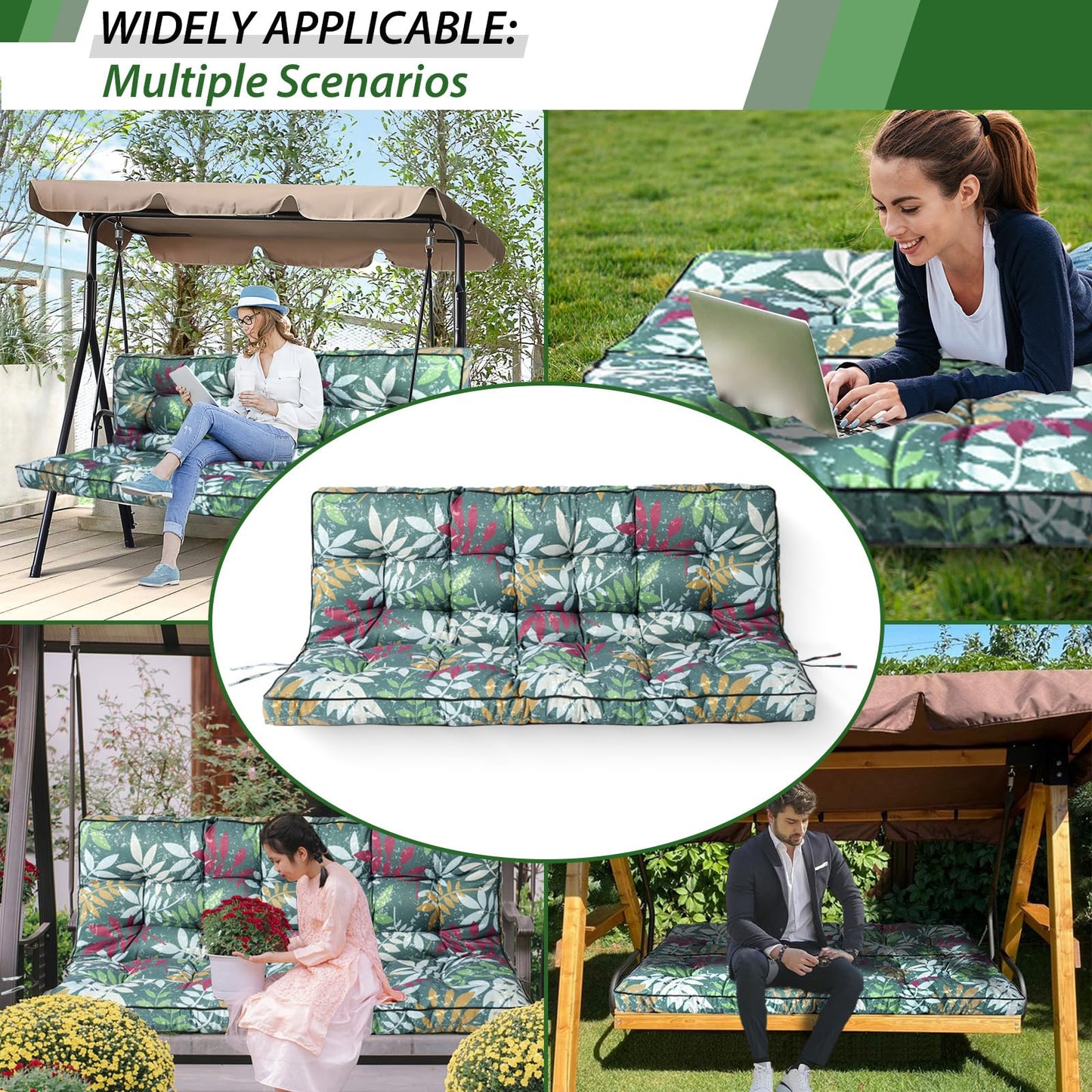 YQNUCO Outdoor Swing Cushions, Waterproof Porch Swing Cushions 3 Seater Replacement with Backrest, 4" Thicken Bench Cushion with Ties for Backyard, Patio, Lawn and Garden (Green Flowers, 55 inch)