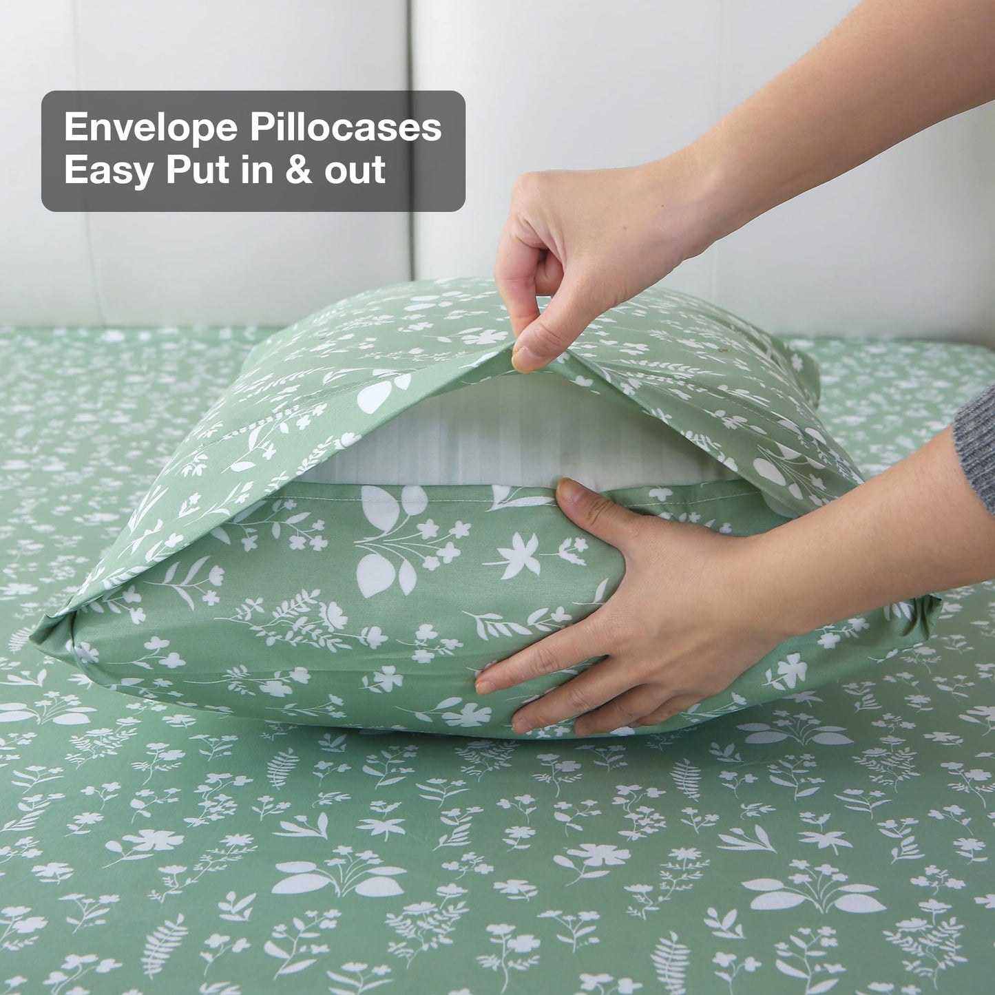 Viviland Sage Green Twin Sheet Set - 4 Piece Vintage Green Flower Patterned Bed Sheets - Soft, Breathable Microfiber Floral Sheets with Deep Pocket, Non-Slip Fitted Sheets & Pillowcases