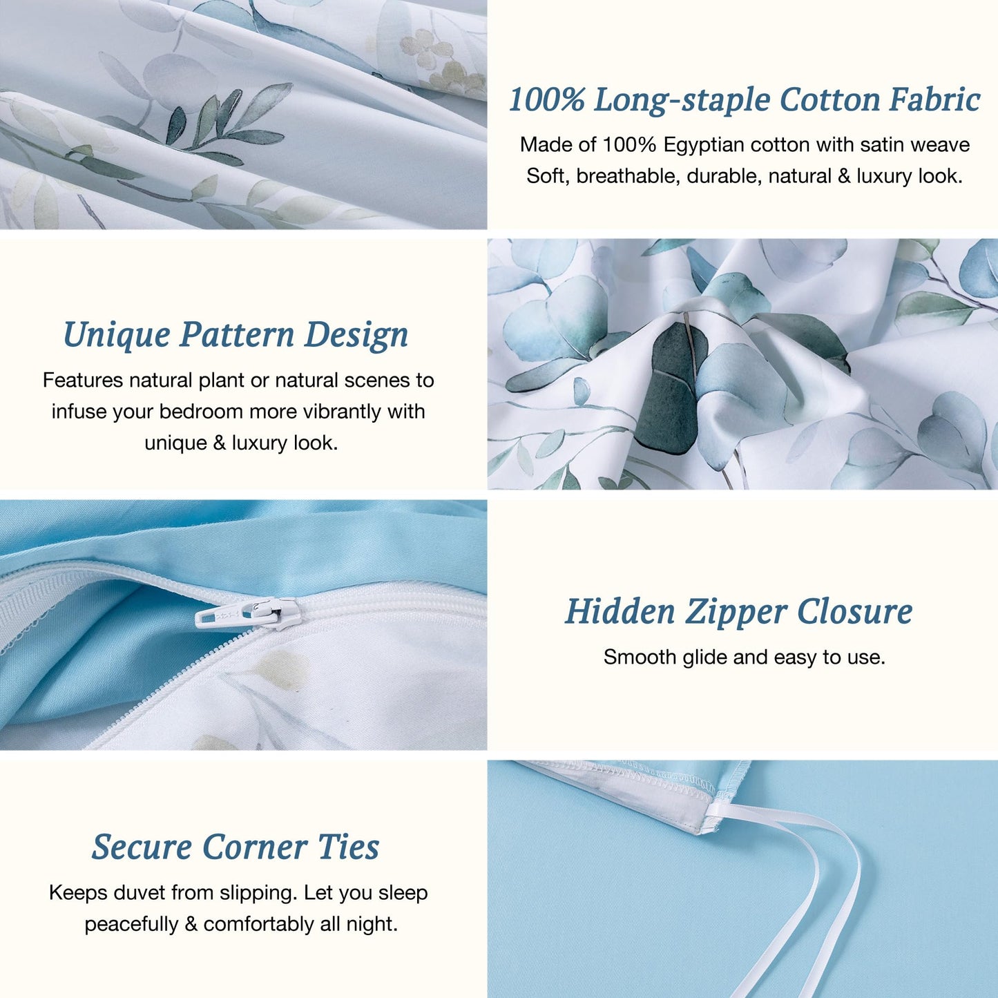 MILDLY 100% Long-Staple Cotton Duvet Cover Set Baby Blue Teal Gradient Leaf Pattern Printed Comforter Cover 3pcs, Ultra Soft & Breathable Bedding Set