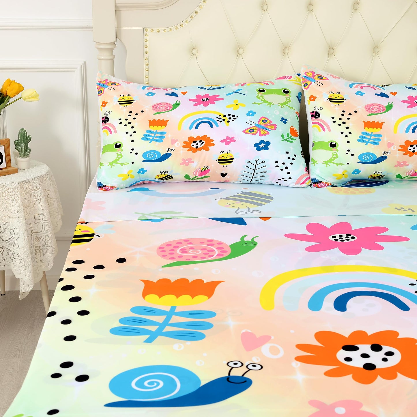 FUYEUN Rainbow Frogs Fitted Sheet Sets,Cartoon Floral Kids Bedding Twin Size for Girls Teens Adults Bedroom Bed, Kawaii Sheets Bedspread Set,1 Flat Sheet 1 Fitted Sheet 1 Pillowcase