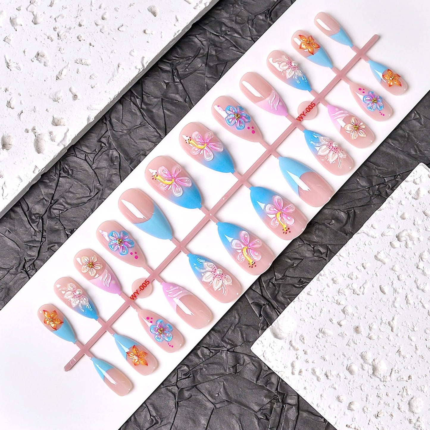 24Pcs Spring Flower Press on Nails Medium Blue French Tip Fake Nails with 3D Floral & Pearl Cute Flower Acrylic Nails Gradient French False Nail Almond-Shaped Full Cover Stick on Nails for Women