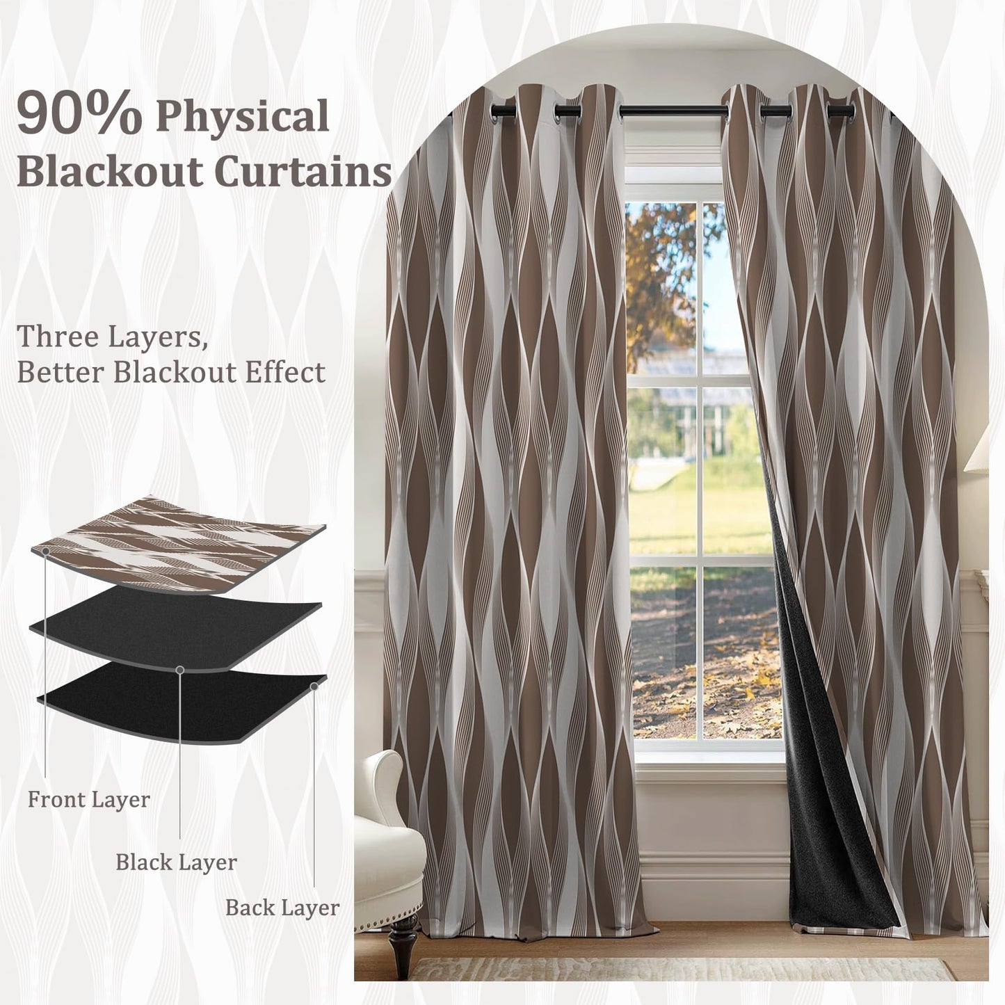 Yanutan Brown Stripe Blackout Curtains for Bedroom/Living Room,Brown Modern 2 Panels Sets Blackout Window Curtain,Minimalist Modern Ombre Thermal Insulated Printed Curtains with Grommet,42" Wx84 L