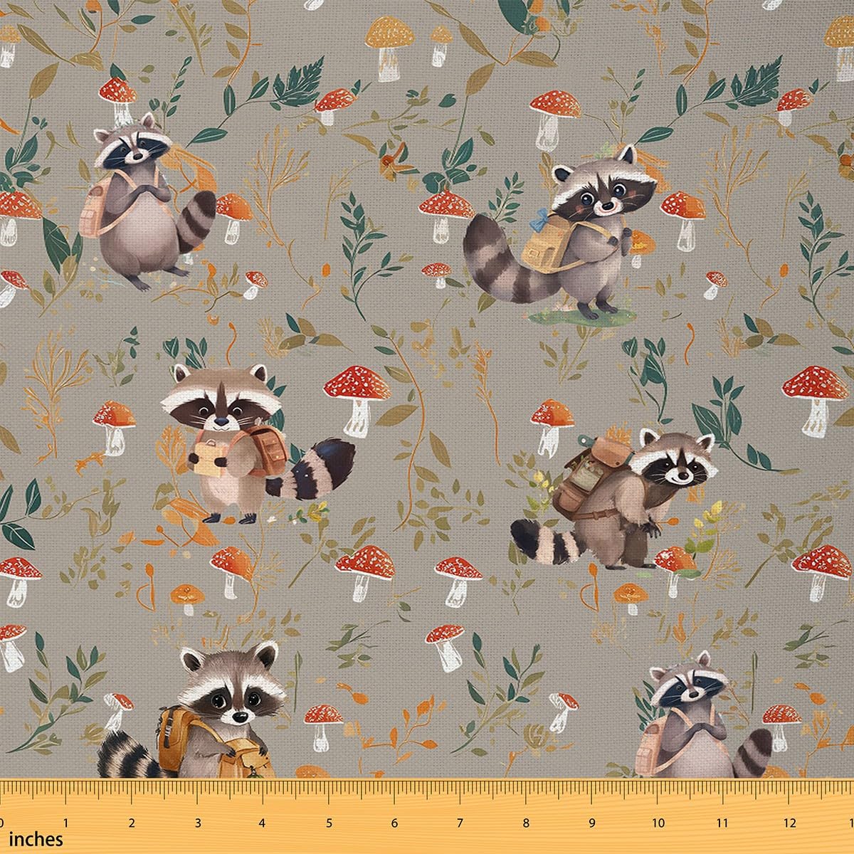 Cute Raccoon Fabric by The Yard Cartoon Red Mushroom Green Leaves No Stretch Sewing Fabric Gray Kawaii Jungle Animals Soft Flannel Polyester Fabric for Quilting Handmade Artwork 1 Yard Pre-Cut,36"x59"