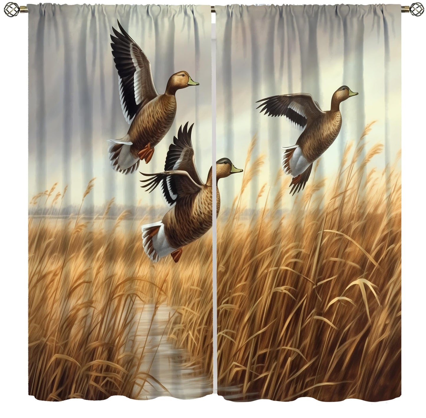 wlsgdsg Mallard Duck Curtains, Vintage Rustic Oil Painting Brown Reeds Pond Lodge Hunting Mallard Duck Animals Windows Treatments Drapes for Living Room Bedroom 42x45in（No Blackout）