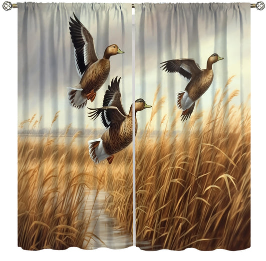 wlsgdsg Mallard Duck Curtains, Vintage Rustic Oil Painting Brown Reeds Pond Lodge Hunting Mallard Duck Animals Windows Treatments Drapes for Living Room Bedroom 42x45in（No Blackout）