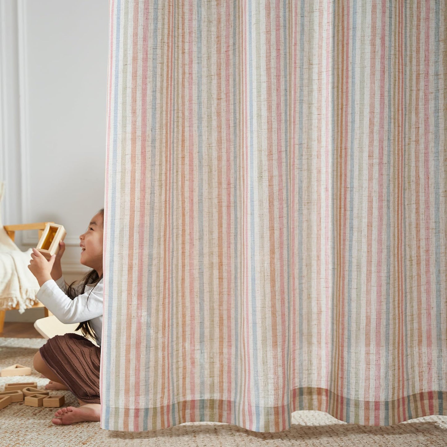 jinchan Linen Curtains for Living Room Candy Striped Curtains 84 inch Length for Baby Girls Kids Room Ticking Stripe Pattern Light Filtering Nursery Drapes Grommet Window Treatments 2 Panels Candy
