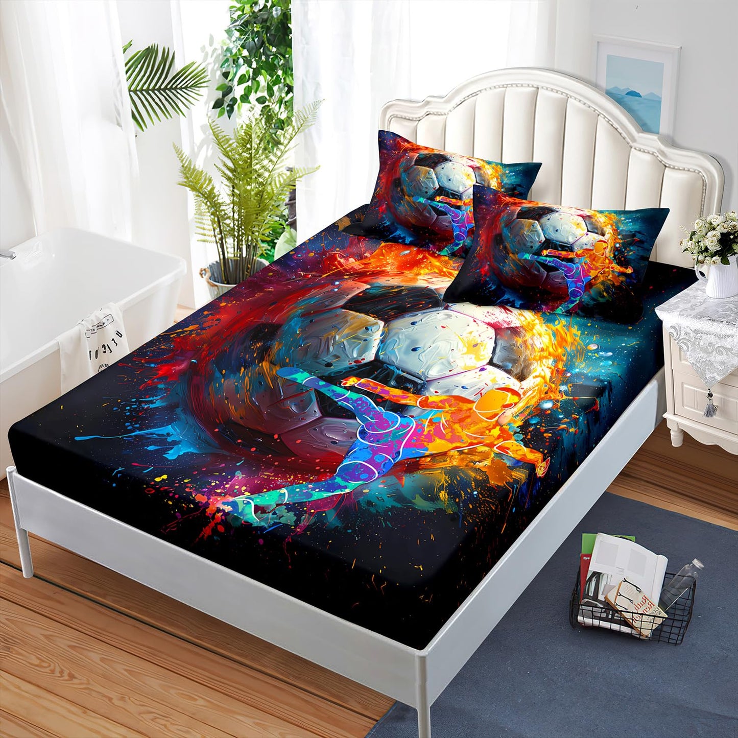 AILONEN Boys Soccer Fitted Sheet Set Twin Size,3D Oil Painting Football Bed Sheet Set,Football Player Fitted Sheet and 2 Pillowcases,3-Piece Sport Bedding Set,Breathable,Soft Microfiber