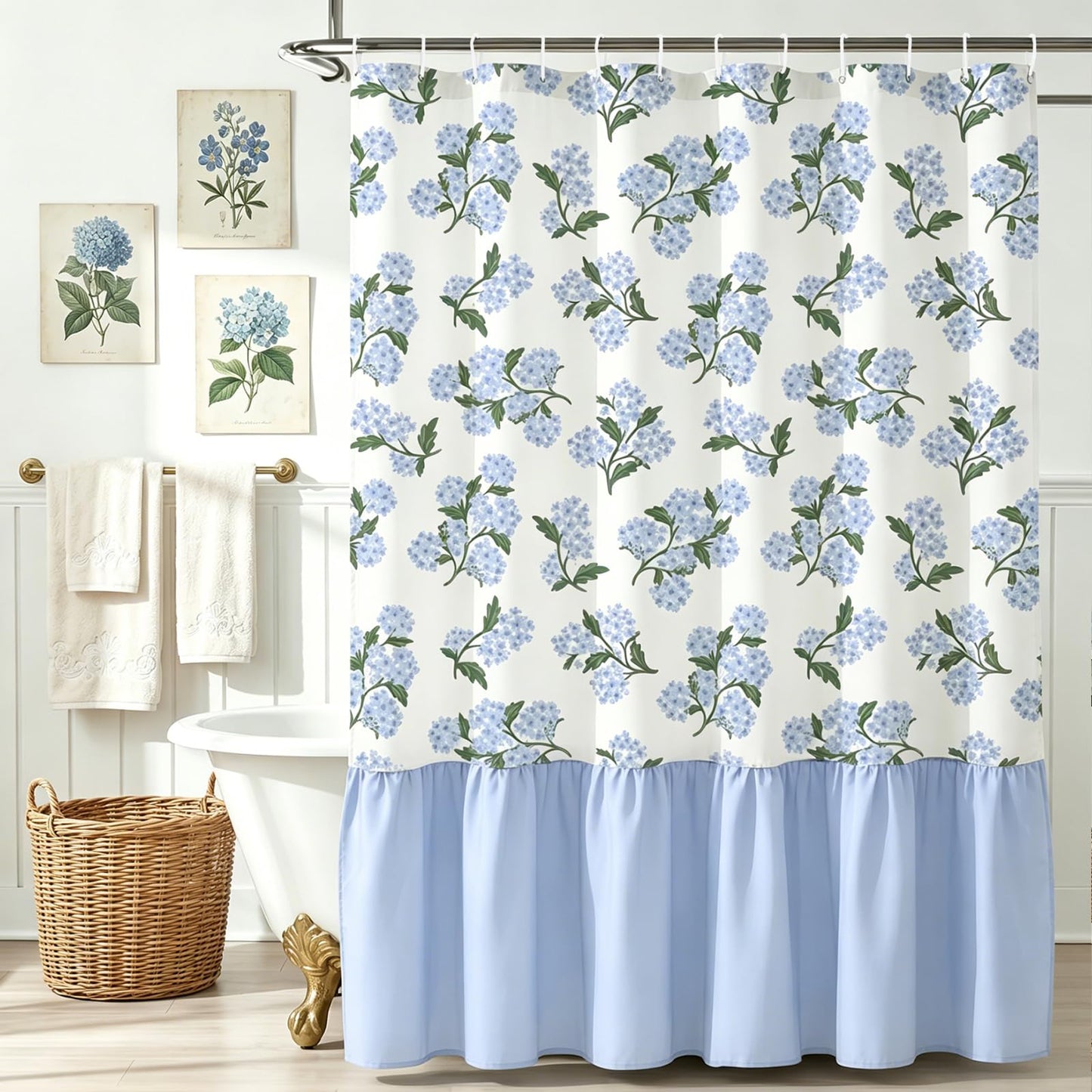 FYSUIMU Linen Textured Ruffle Shower Curtain with 12 Hooks Blue Hydrangea Floral Block Print Waterproof Bath Curtain for Summer Farmhouse French Country Bathroom Decor, 72 x 72 Inch