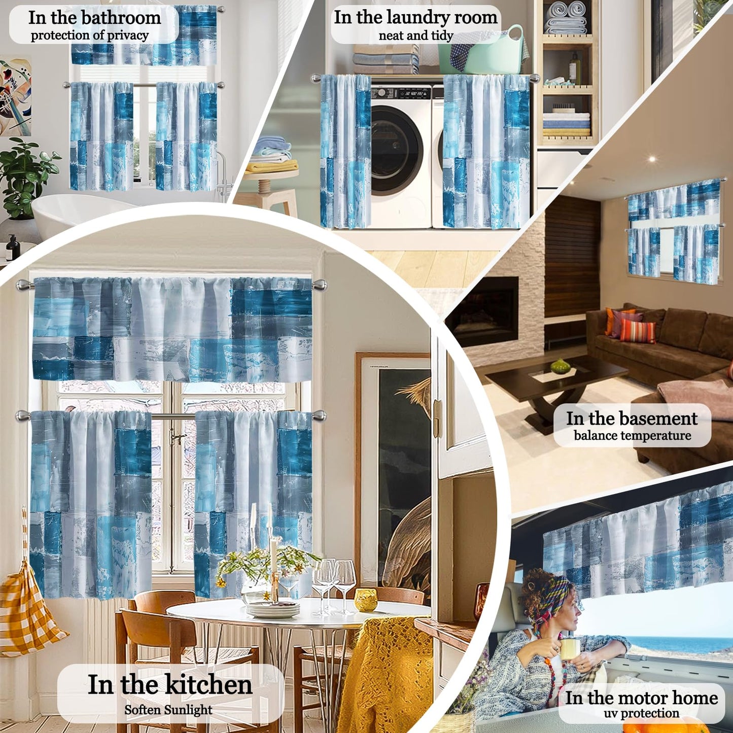 KINUUIS Blue White Blackout Kitchen Window Tier Curtains and Valance Set, 52 x 36 Inch Abstract Art Window Curtains Set with Rod Pocket for Small Windows, Living Room or Bathroom